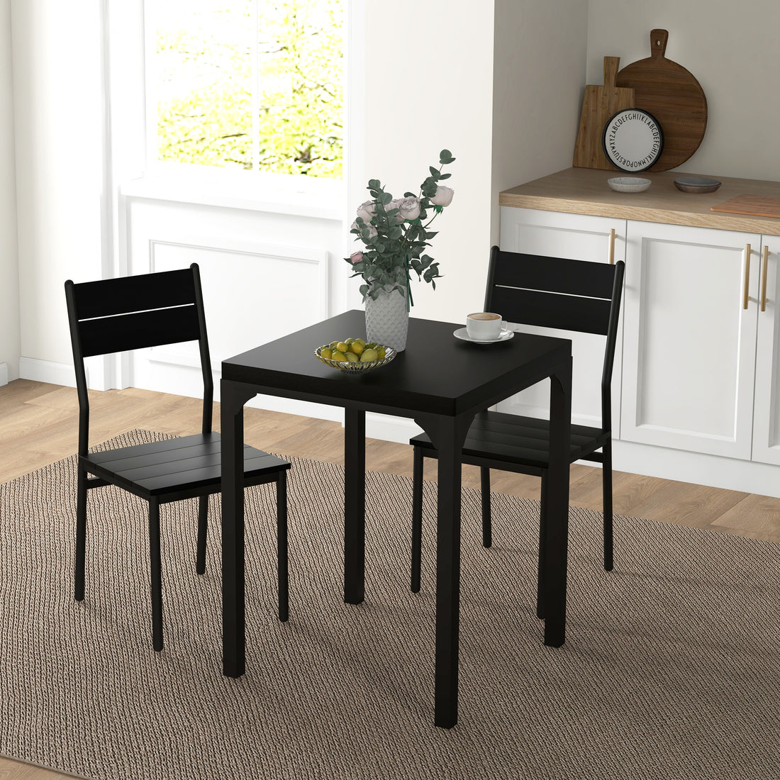 Homcom 3 Piece Dining Table Set For 2, Modern Kitchen Table And Chairs, Dining Room Set For Breakfast Nook, Small Space, Apartment, Space Saving, Black Black Mdf