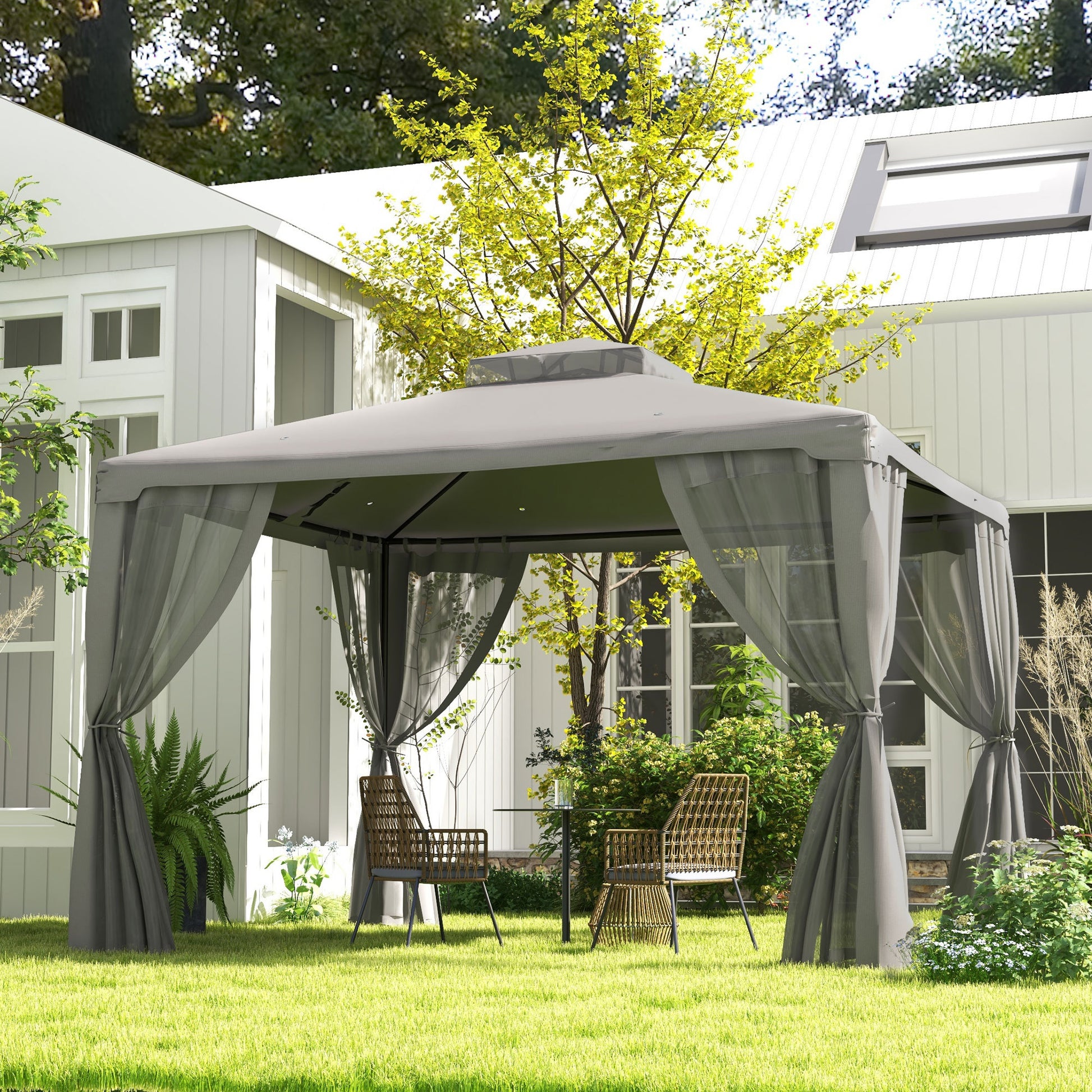 Outsunny 9.6' X 11.6' Patio Gazebo, Outdoor Canopy Shelter With 2 Tier Roof And Netting, Steel Frame For Garden, Lawn, Backyard, And Deck, Gray Grey Polyester