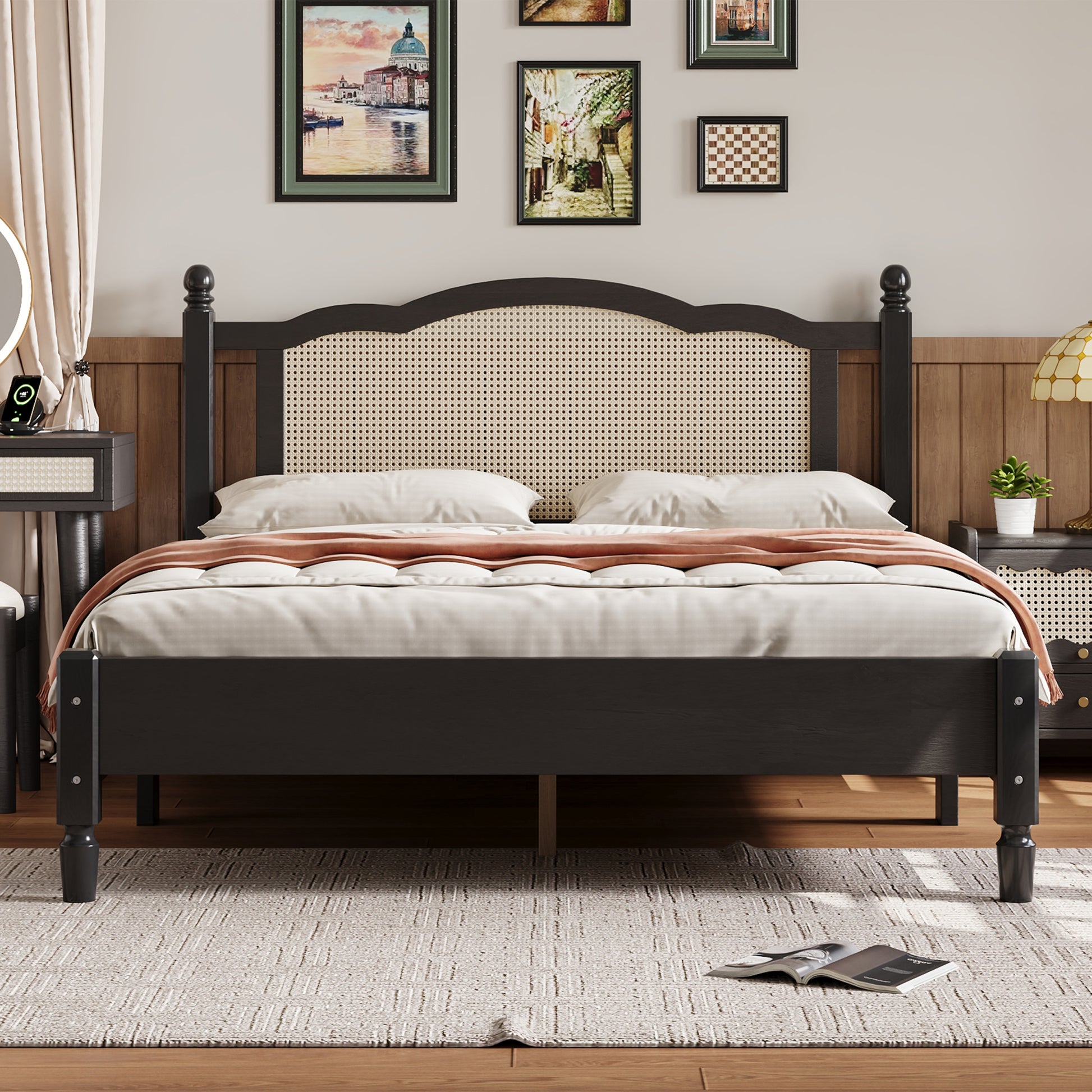 Queen Size Wooden Platform Bed With Natural Rattan Headboard, Vintage Bed Frame With Wooden Slat Support, Black Box Spring Not Required Queen Black Wood