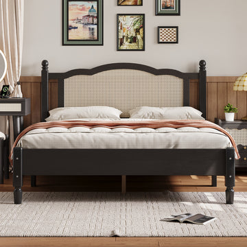 Queen Size Wooden Platform Bed With Natural Rattan Headboard, Vintage Bed Frame With Wooden Slat Support, Black Box Spring Not Required Queen Black Wood