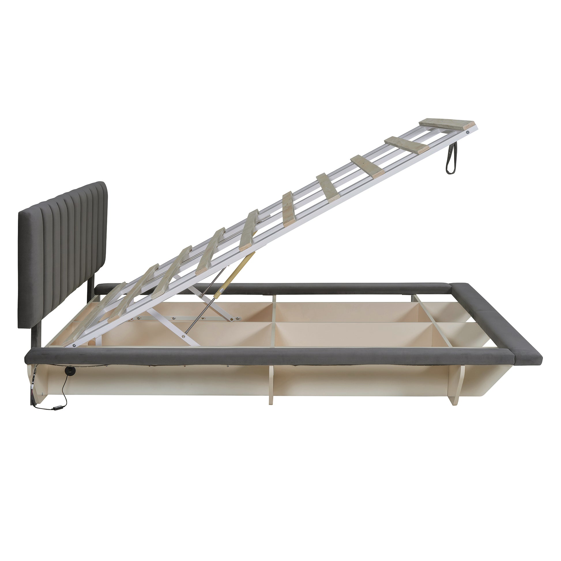 Queen Size Upholstered Floating Bed With Led Light And Usb Port, Velvet, Gray, Hydrualic Platform Bed Queen Gray Velvet