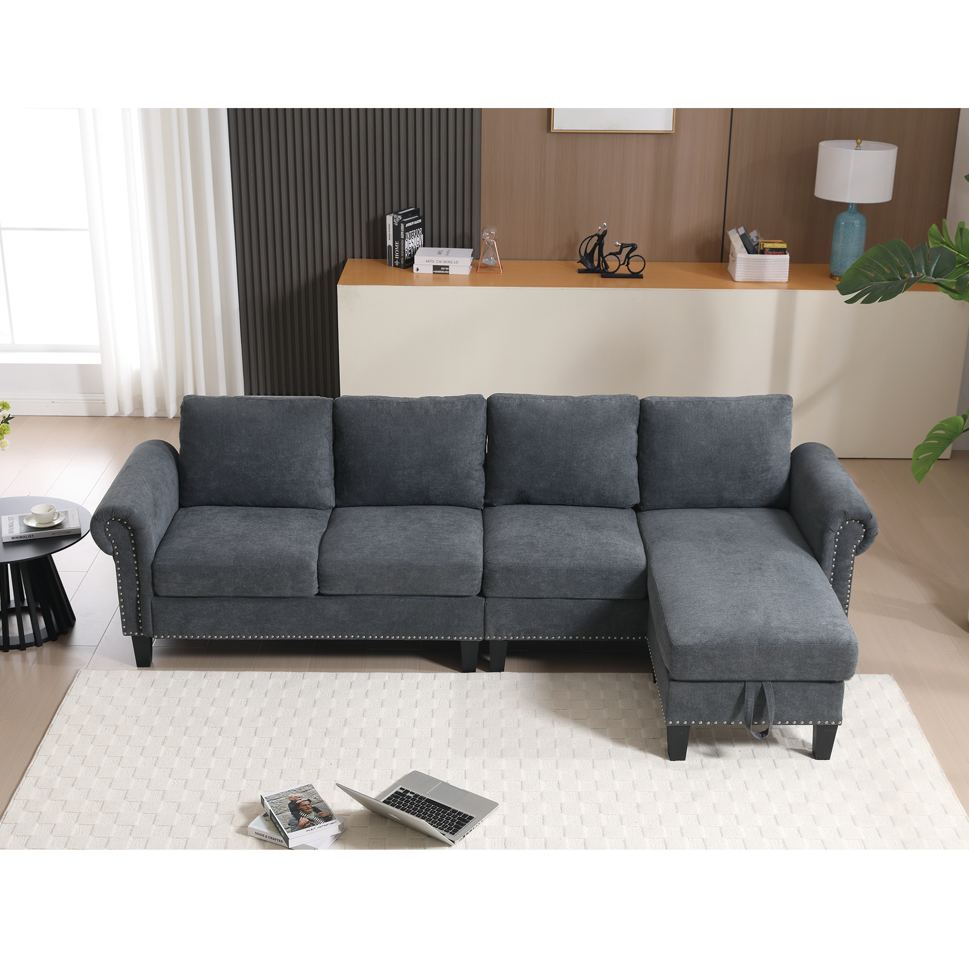 Arrived Convertible Sectional Sofa With Storage,L Shaped Sofa,Four Seater Sofa,Modern Linen Fabric Sectional Couches For Living Room,Gray Gray Polyester Wood Primary Living Space Medium Soft Cushion Back Modern Rolled Arms Wood 4 Seat