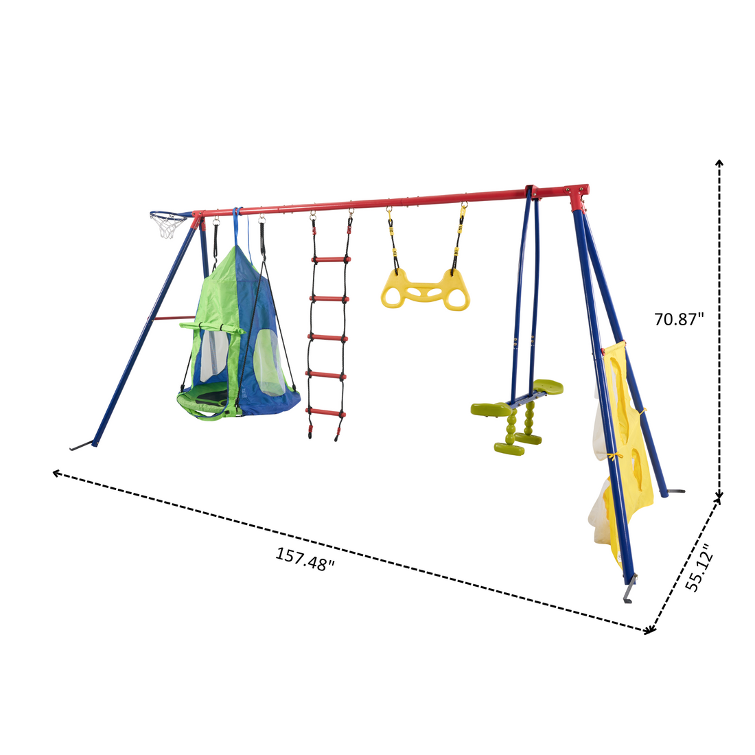 Xns092 Rinbow Colour Interesting Four Function Swingset With Net Swing And Face To Face Metal Plastic Safe Swing Seat 550Lbs For Outdoor Playground For Age 3 Blue Green Steel