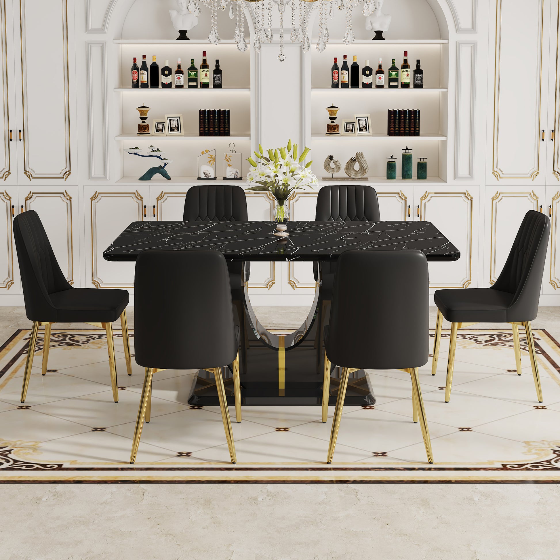 Table And Chair Set.63"W X 37"D X 30"H Black Marble Mdf Diningtable Set With 6 Black Pu Chairs With Gold Metal Legs.Bring A Comfortable Home Experience To The Kitchen, Bedroom, And Office.