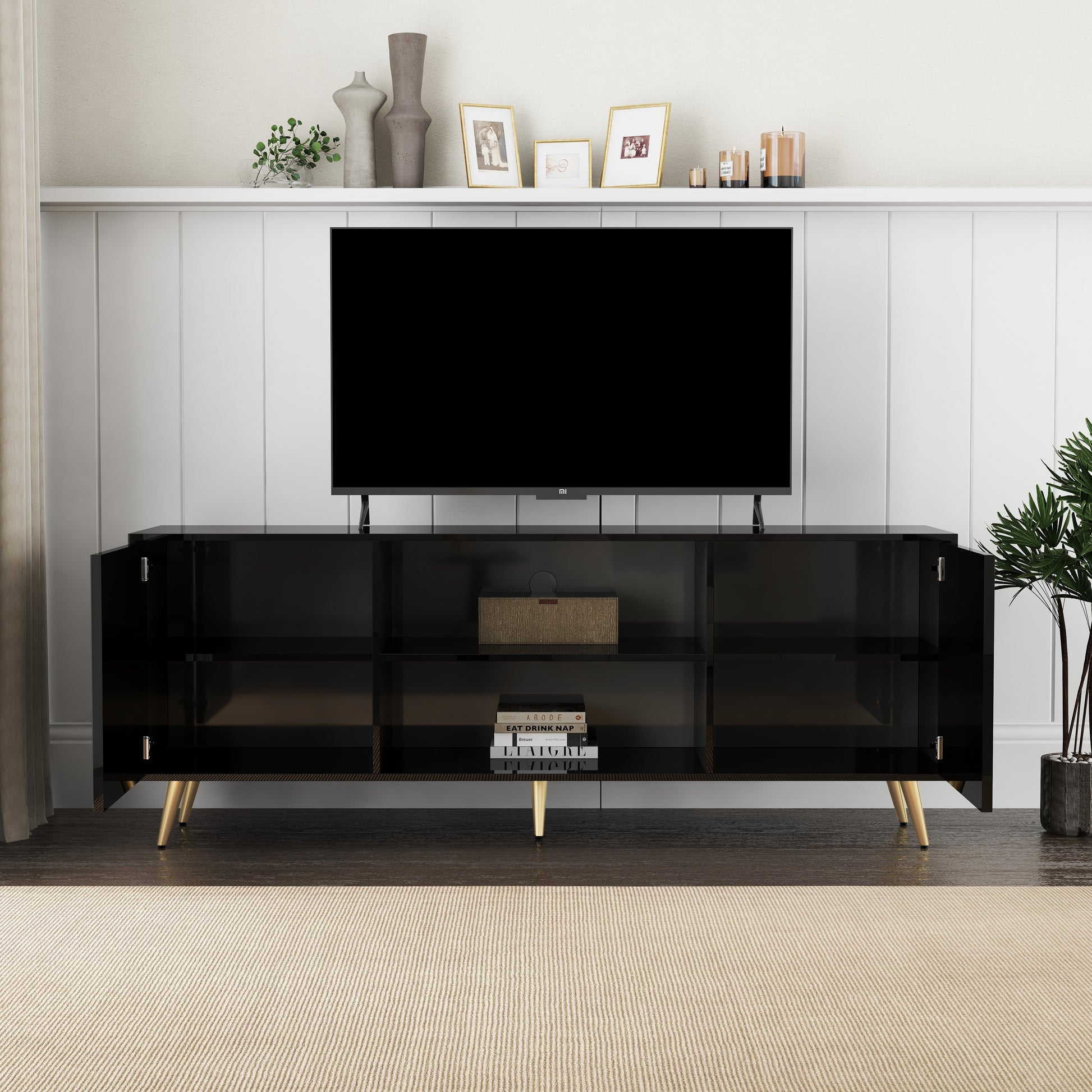 Modern High Gloss Black Tv Stand For Tv'S Up To 75", Entertainment Center 67"L Black Primary Living Space 60 69 Inches 70 79 Inches 75 Inches Mdf