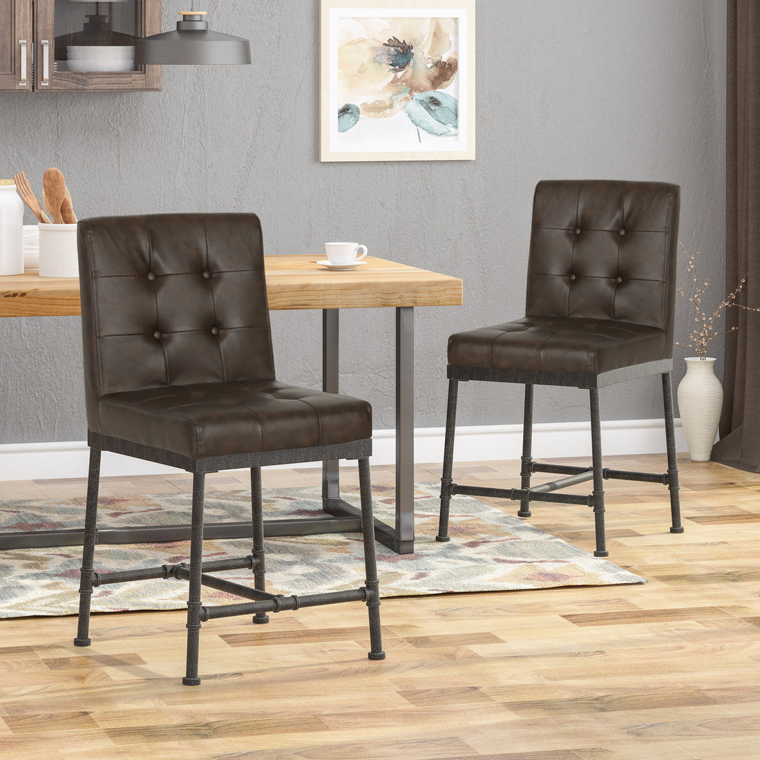 Counter Stool Set Of 2 Dark Brown Wood