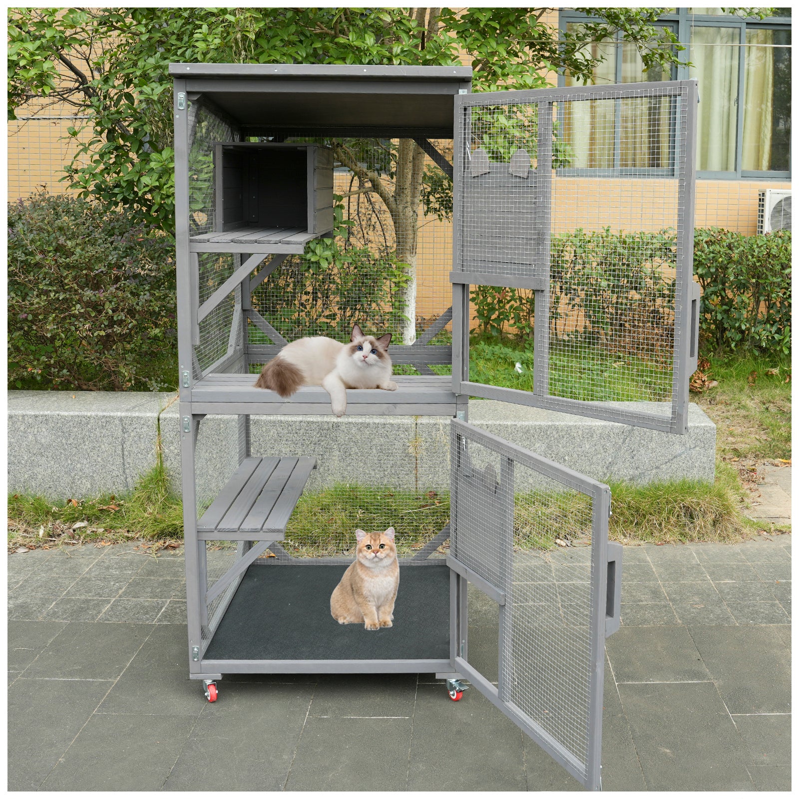 Catio Large Wooden Cat House Outdoor Indoor Cat Enclosures On Wheels, Wooden Kitty House Shelter Outside With Resting Box, Waterproof Roof Grey, 31.5" D X 36.6" W X 71" H Grey Solid Wood