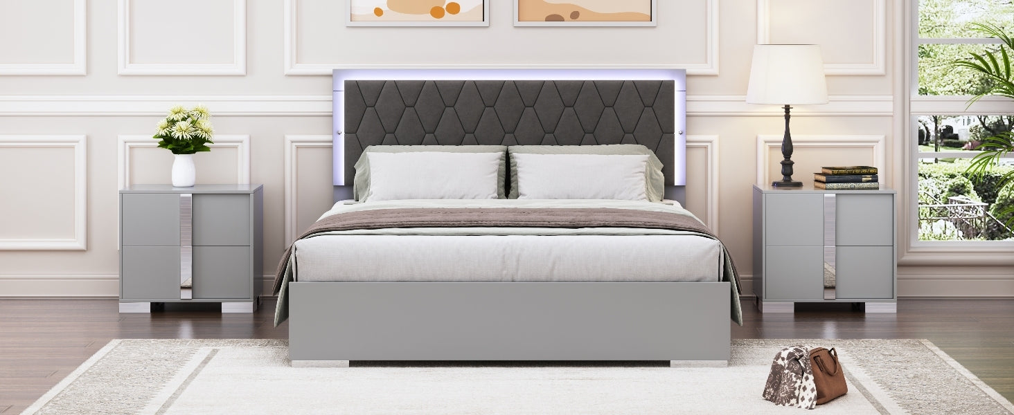 Queen Size Upholstered Bed With Led Lights,Modern Platform Bed With Velvet Headboard,Grey Queen Grey Mdf