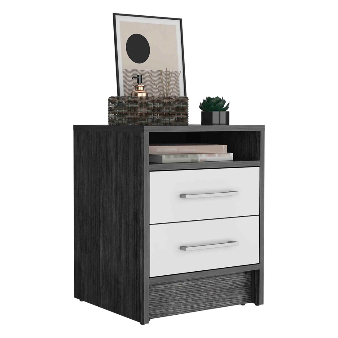 Nightstand 20"H, Two Drawers, Superior Top, Metal Handles, Smokey Oak White Multicolor Particle Board Particle Board