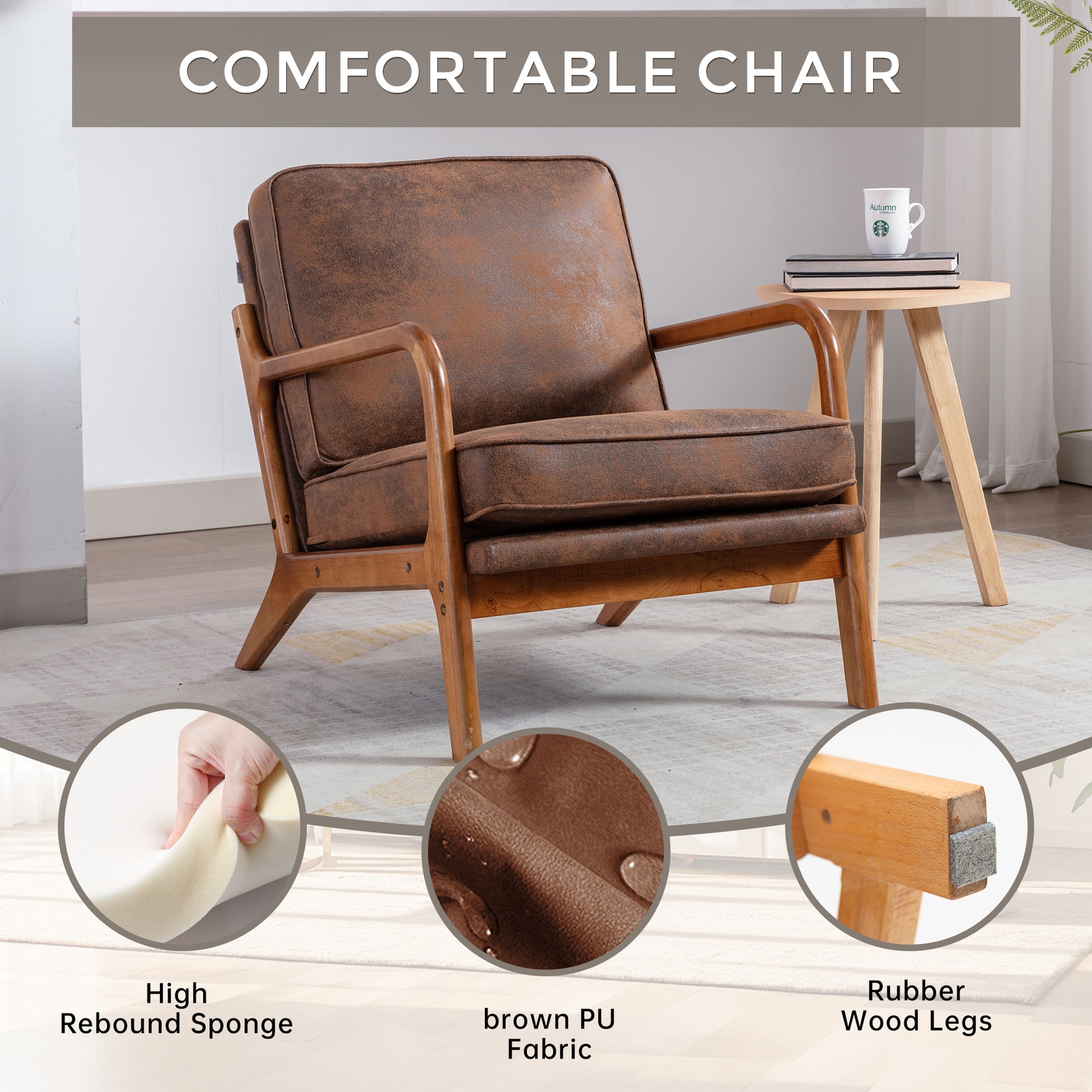 Coolmore Mid Century Modern Accent Chair, Comfy Fabric Living Room Chairs With Solid Wood Frame, Lounge Reading Armchair, Easy Assembly Coffee Coffee Primary Living Space Foam Microfiber