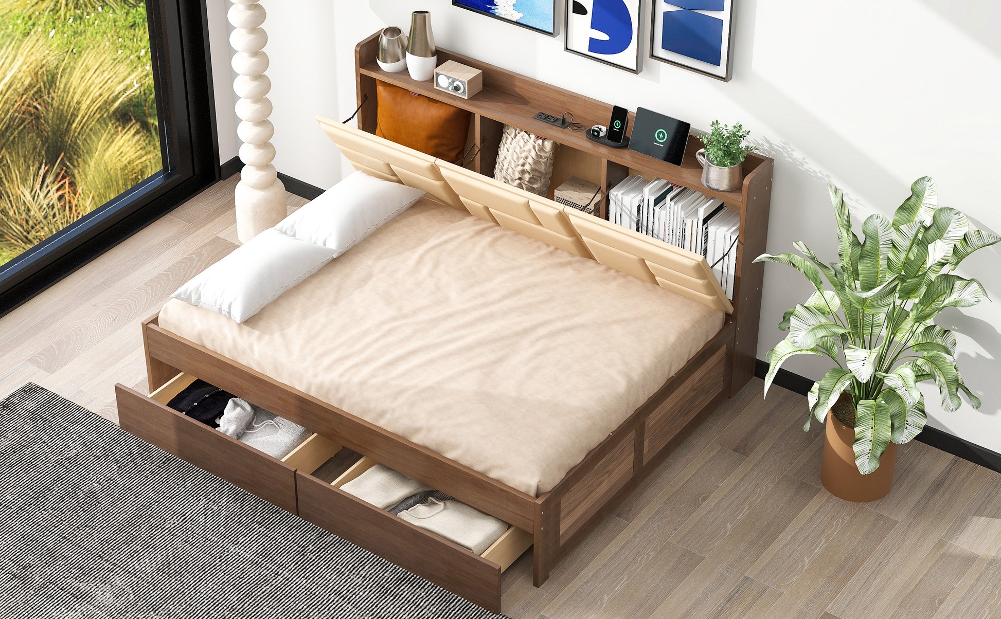 Full Size Wood Daybed With Upholstered Storage Shelves, Usb Ports And 2 Drawers, Wood Color Box Spring Not Required Full Wood Wood Bed Frame Solid Wood Mdf