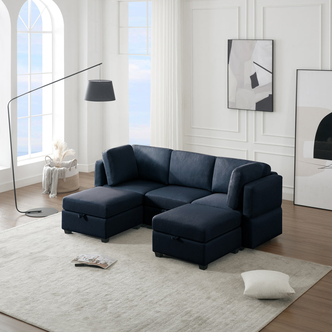 Reversible Sectional Sofa Modern Modular Sectional Couch With Chaise U Shaped Corner Sectional 5 Seater Modular Sofa With Storage Seats, Adjustable Arms And Backs Blue Blue Polyester 3 Seat