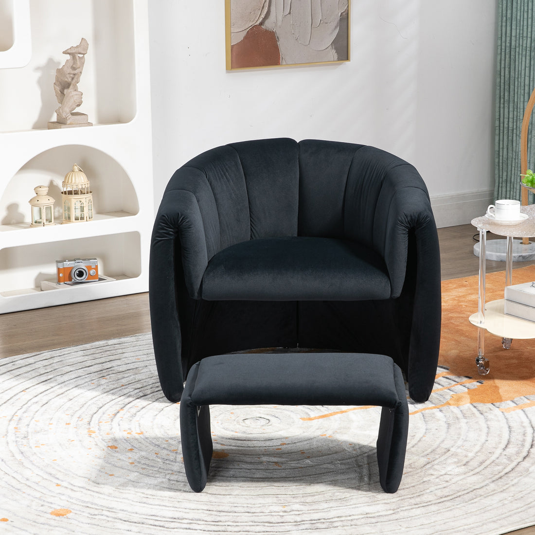 Coolmore Accent Chair With Ottoman, Mid Century Modern Barrel Chair Upholstered Club Tub Round Arms Chair For Living Room Bedroom Office Black Velvet Black Foam Velvet