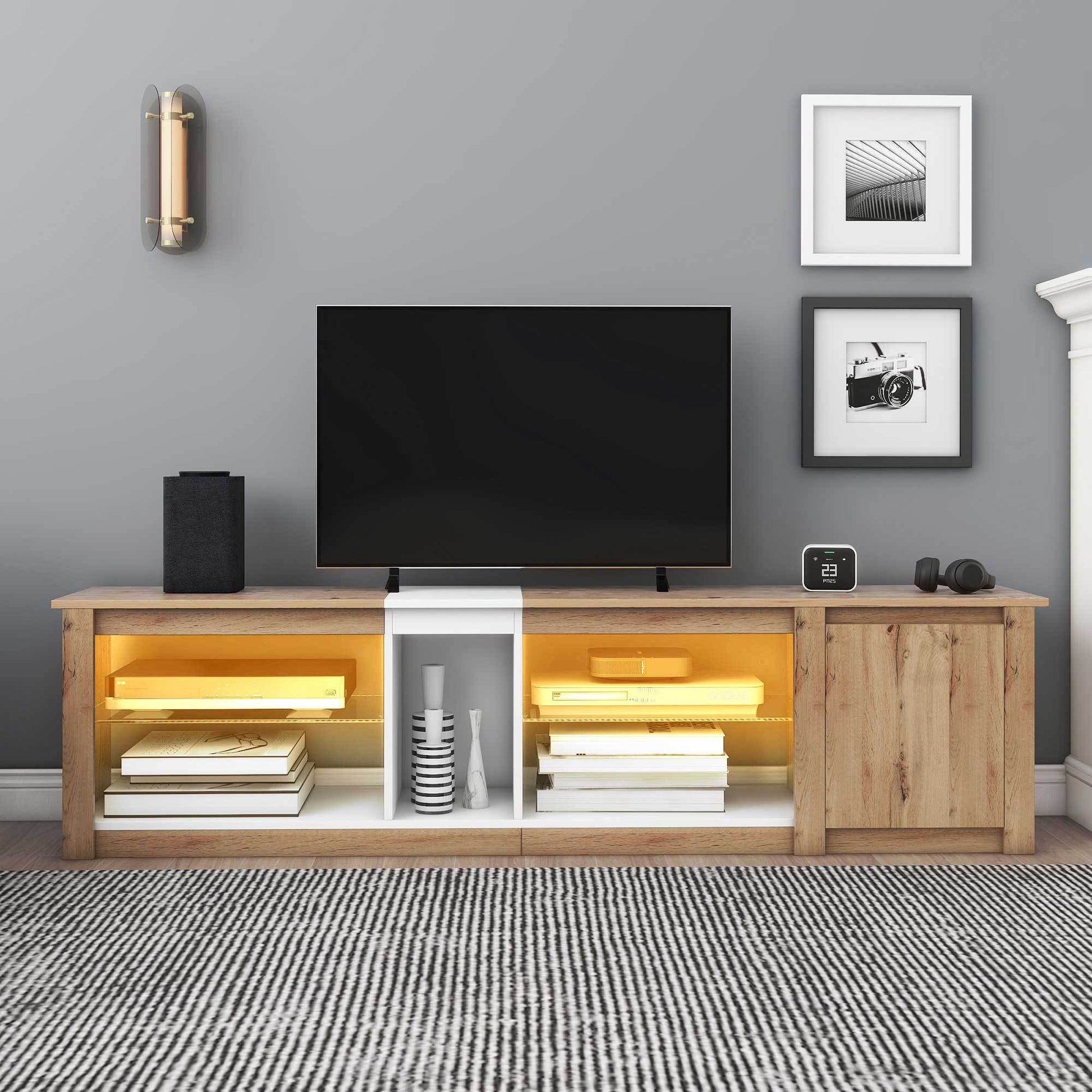 Moderntv Stand For Tvs Up To 80''Media Console With Multi Functional Storage, Entertainment Center With Led Light, Tv Cabinet For Living Room,Bedroom White Natural 70 79 Inches 70 79 Inches 70 Inches Particle Board