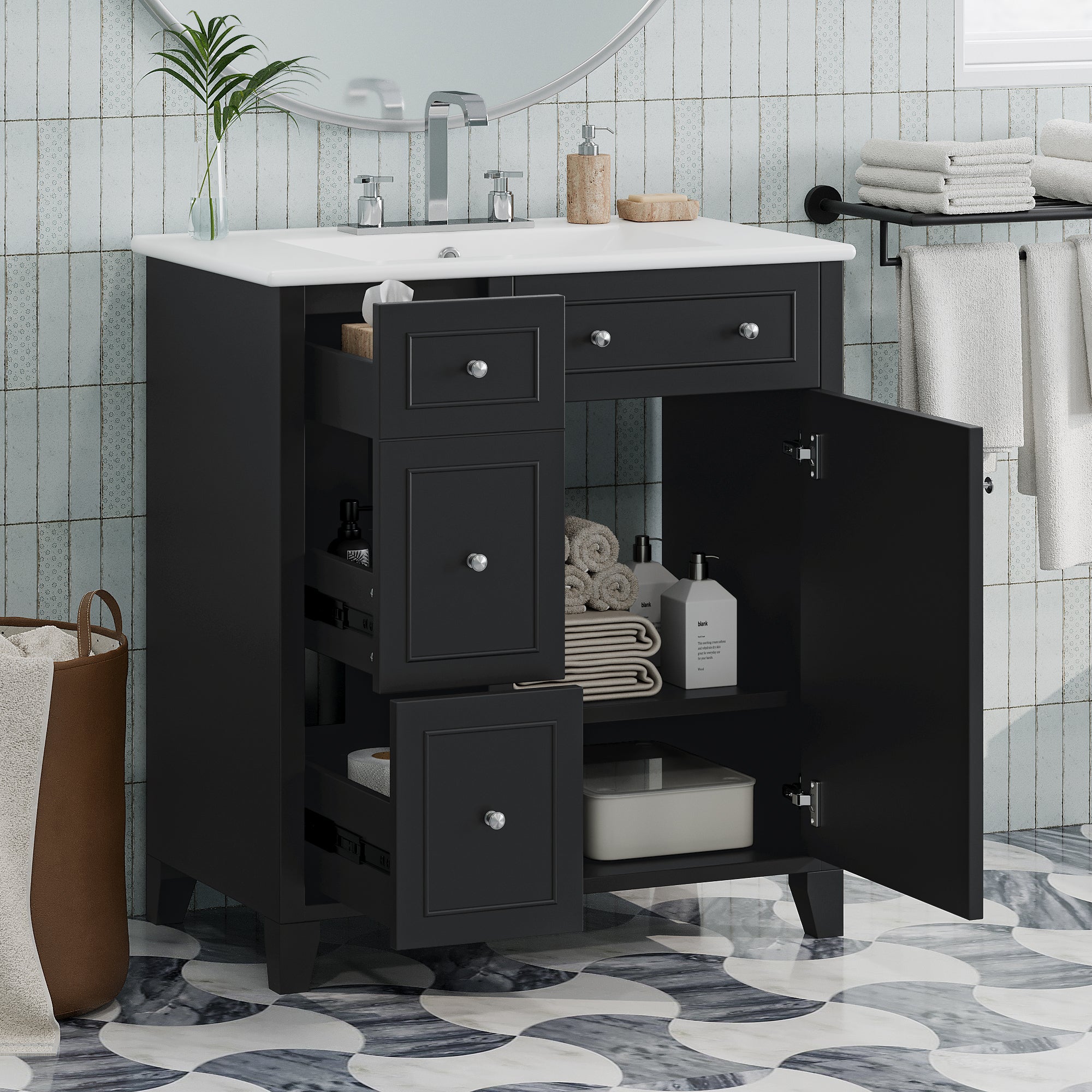 30 Inch Bathroom Vanity Cabinet With Ceramic Basin, Double Layer Drawer, Deep Drawer And Adjustable Shelf Black Bathroom Solid Wood Mdf