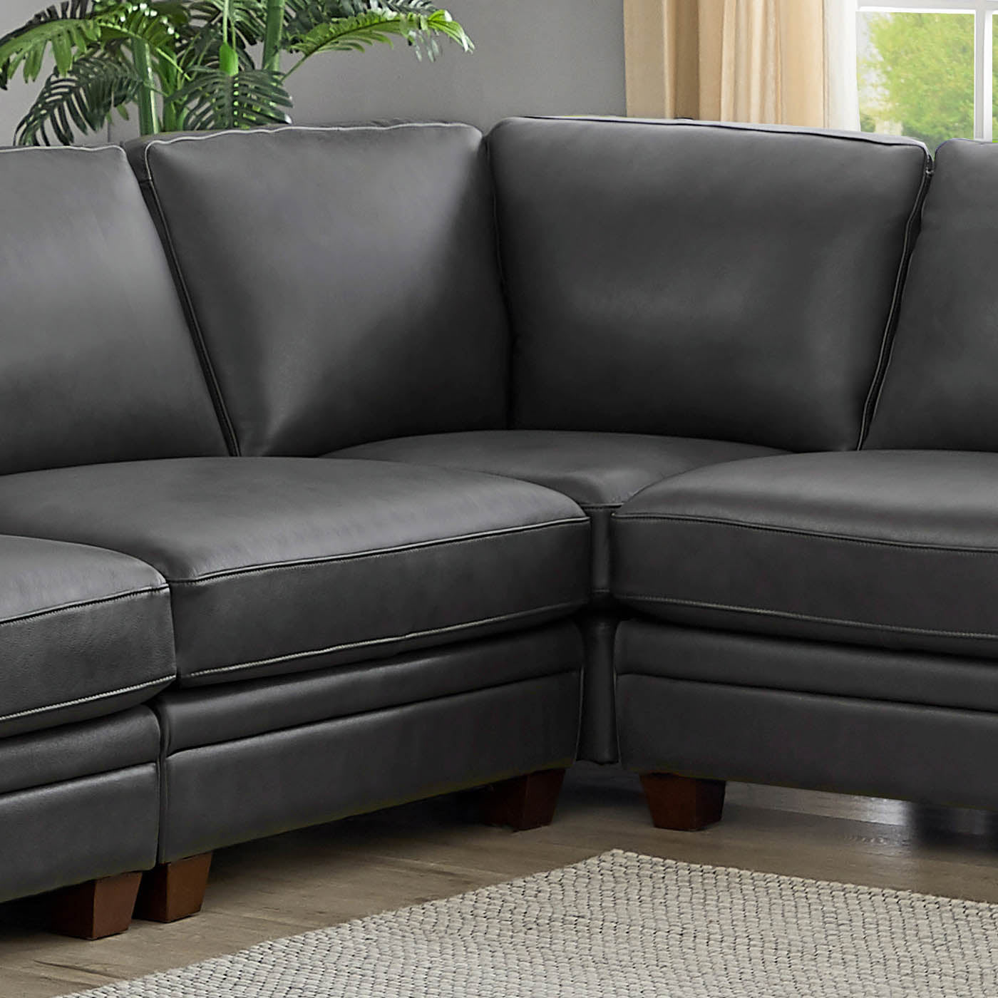 Naples Top Grain Leather L Shape 5 Piece Sectional Right End Ottoman Gray Genuine Leather Wood Primary Living Space Medium Firm Cushion Back Mid Century Modern L Shaped Eucalyptus Square Arms Memory Foam Leather 7 Seat