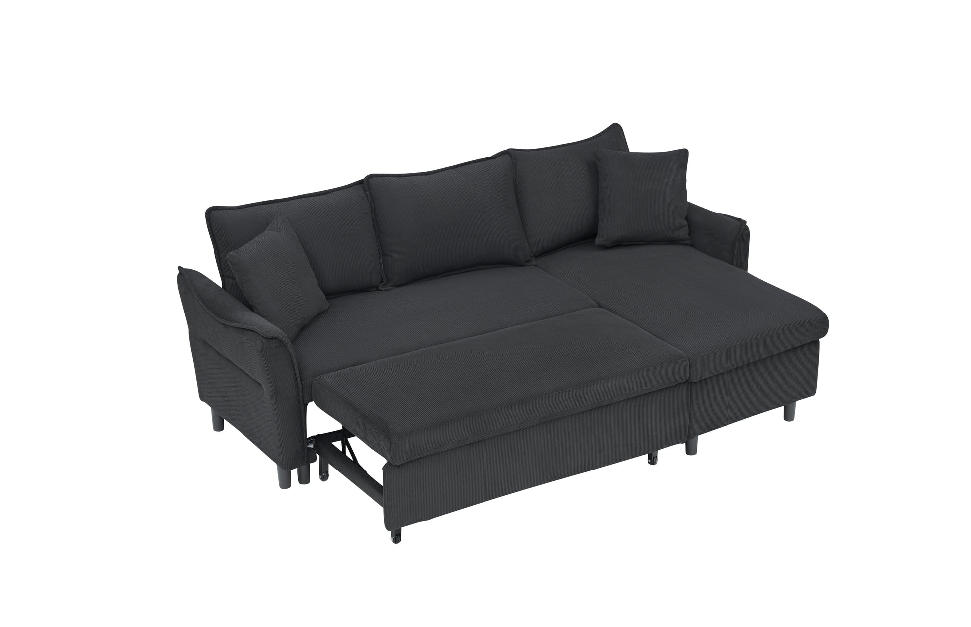 This 80 Inch Black Corduroy L Shaped Sofa Comes With Two Small Throw Pillows That Can Be Converted Into A Sofa Bed For Storage Black Corduroy 3 Seat