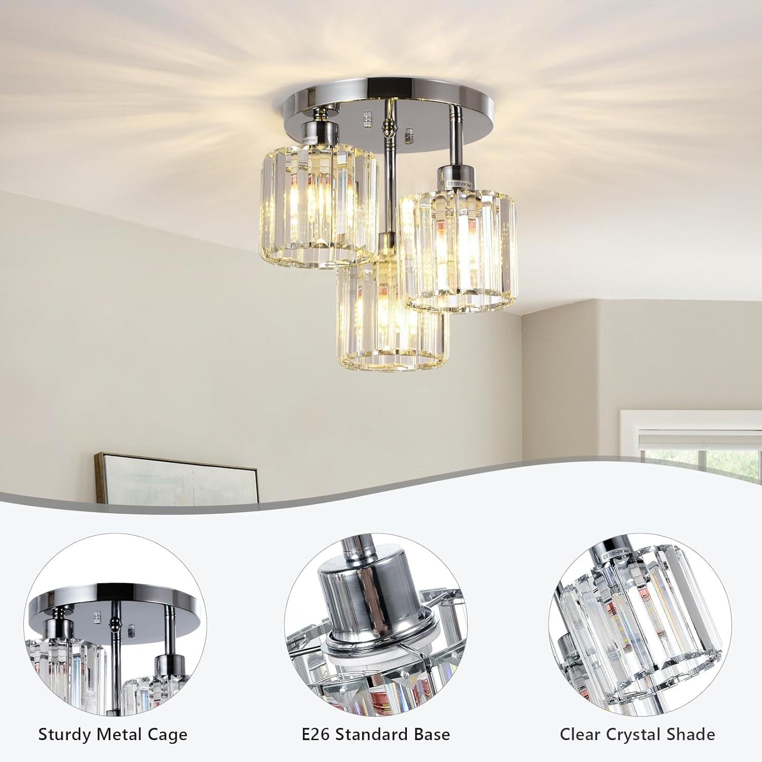 Semi Flush Mount Ceiling,3 Light Kitchen Mount,Hallway Light Fixtures Ceiling With Clear Crystal Shades For Kitchen Entryway Bedroom Bathroom Foyer Silver Crystal