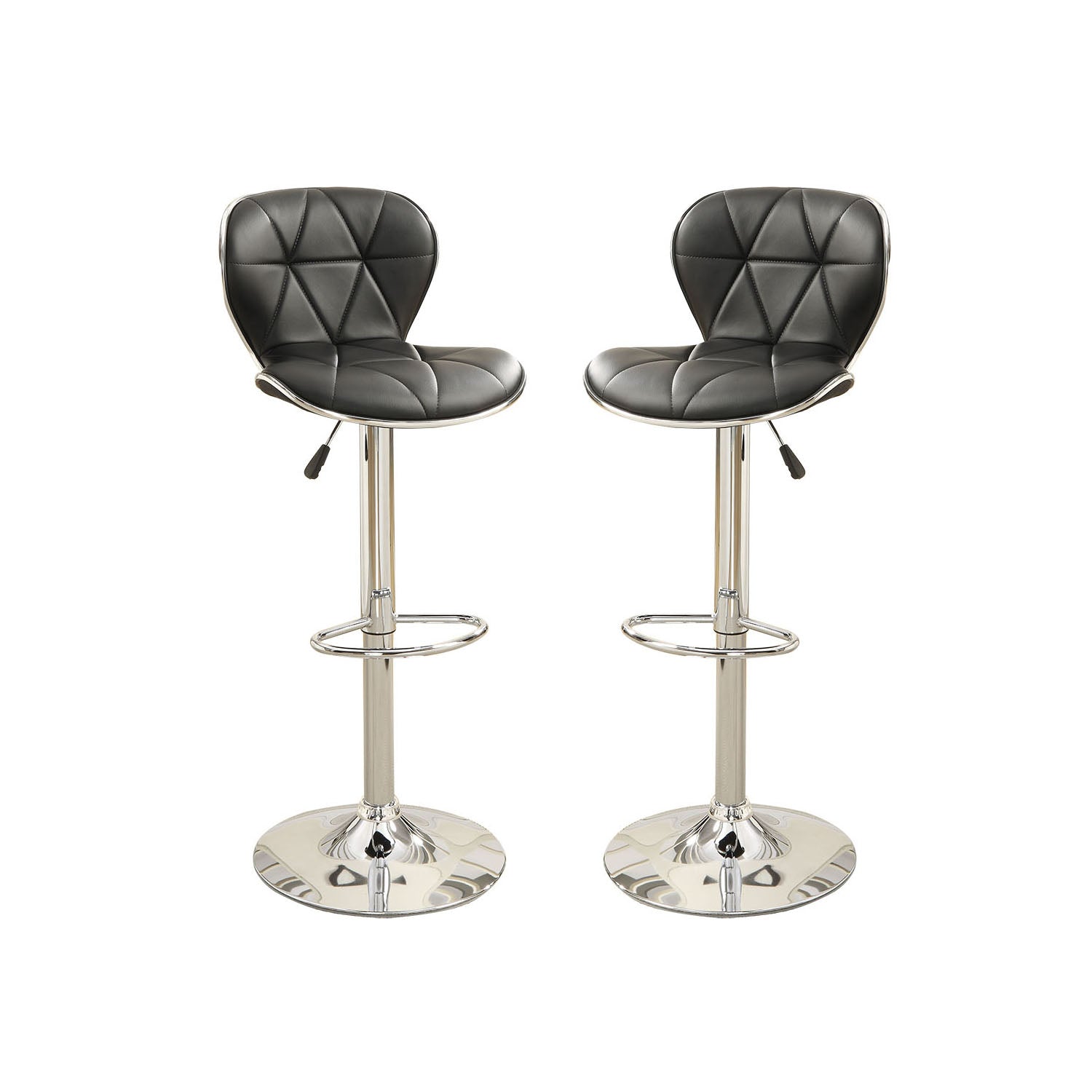 Set Of 2 Adjustable Black Pu Bar Stools, Chrome Solid Black Dining Room Chrome