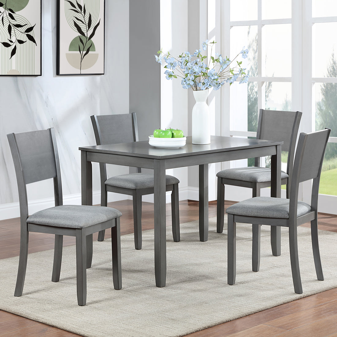 5 Piece Modern Dining Set, Rectangular Wooden Dining Table With 4 Upholstered Chairs For Kitchen, Dining Room, Gray Wood Gray Seats 4 Gray Wood Dining Room Acacia 4 Leg Rectangular Dining Table With Chair Acacia Wood
