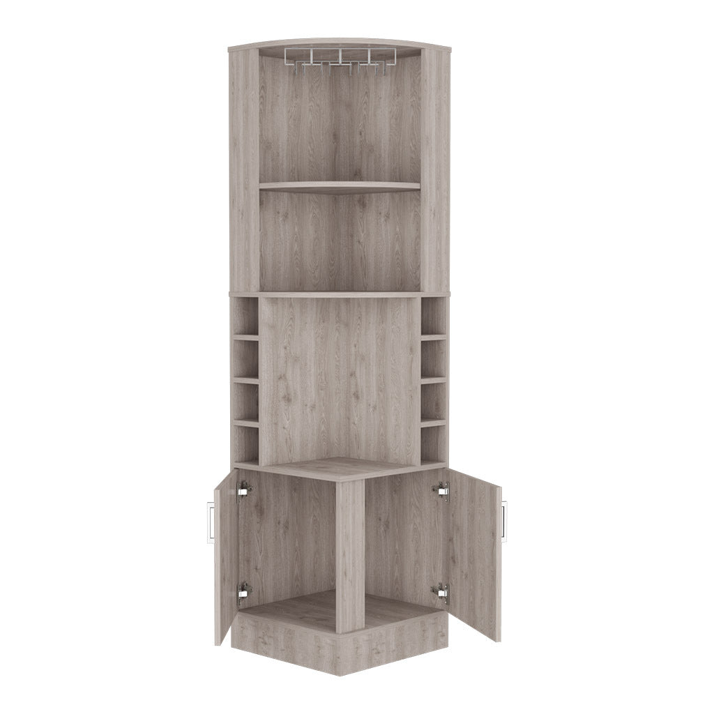 71" H Light Gray Corner Bar Cabinet, With Two Shelves At The Top, 1 Glass Holder, 8 Exterior Bottle Racks, 1 Central Shelf And A Lower Drawer With 2 Side Doors Gray Particle Board Particle Board