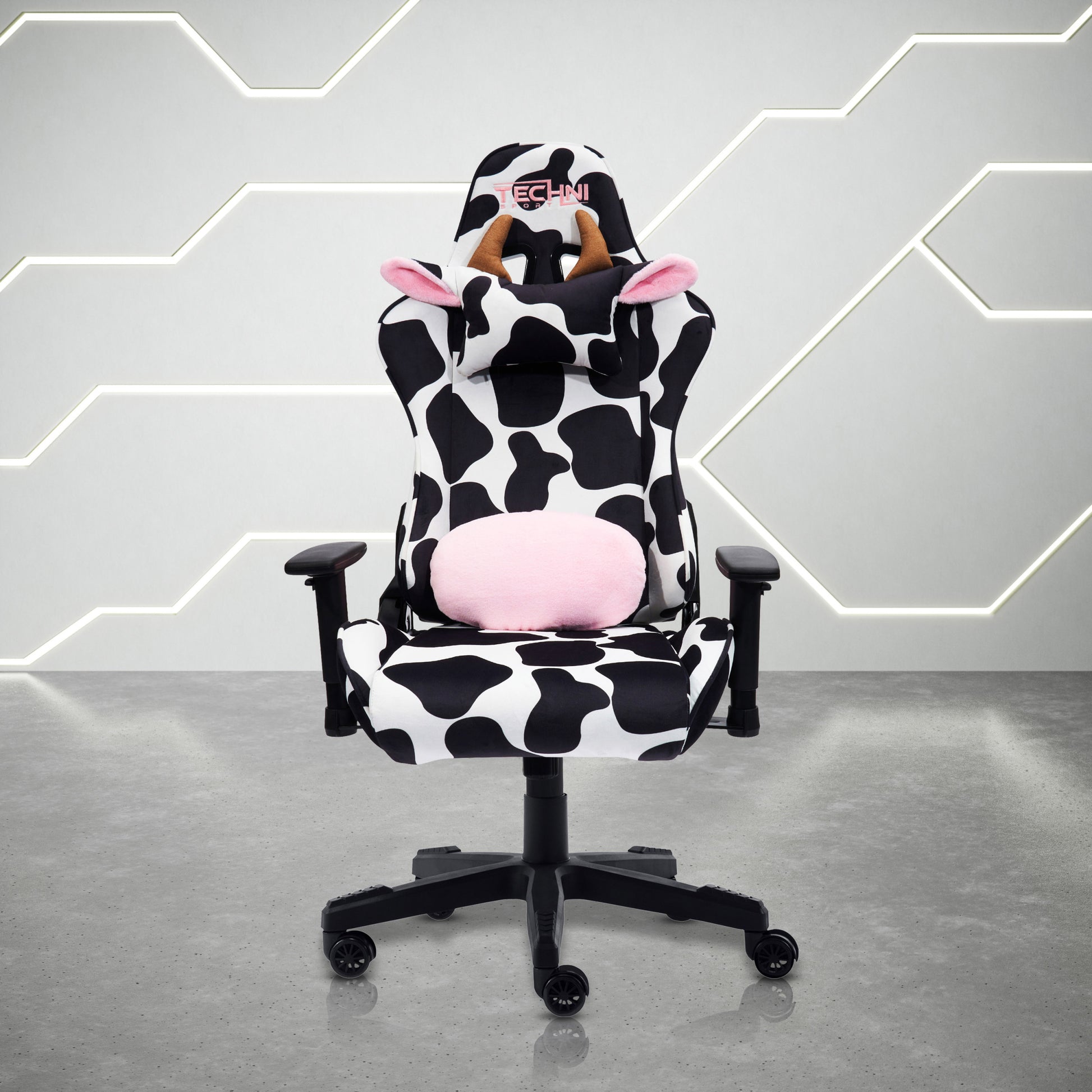 Ts85 Cow Print Luxx Series Gaming Chair Caster Nylon Black White Office Spot Clean Rectangular Modern Handle Office Chairs Solid Back Fabric Metal