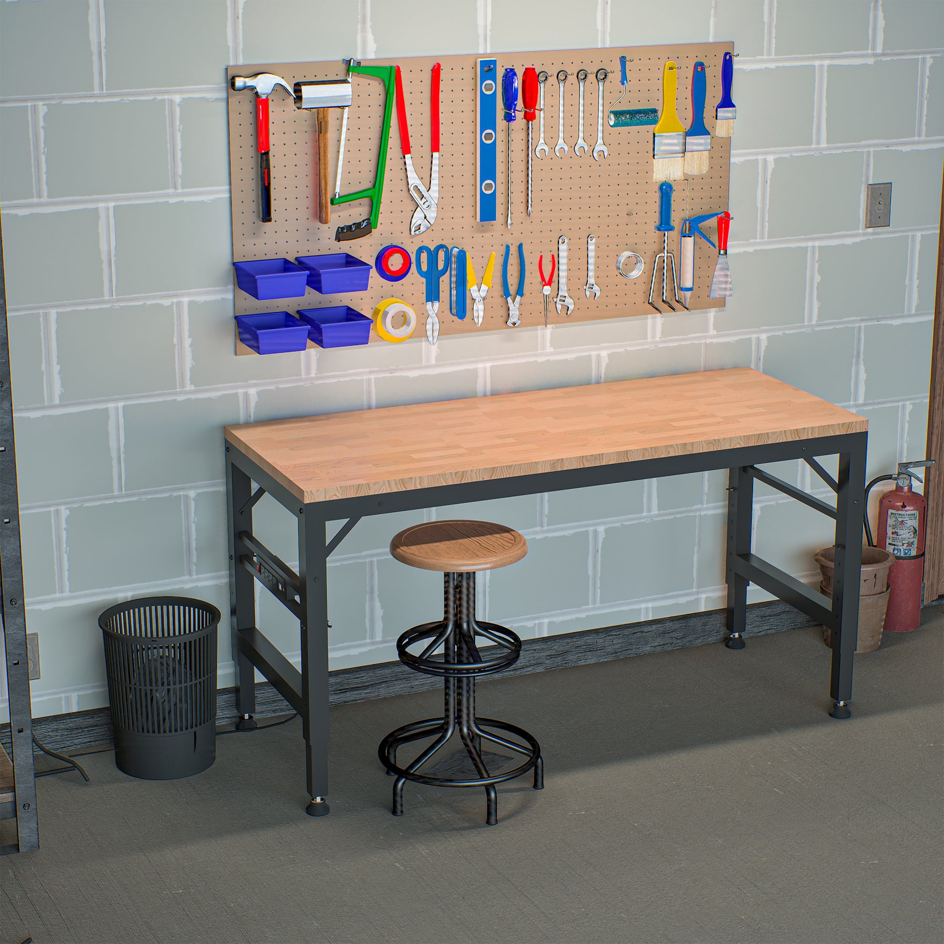 Adjustable Height Workbench, 60" Rubber Wood Top Heavy Duty Workstation With Power Outlets, 2000 Lbs Load Capacity Hardwood Worktable For Workshop, Garage, Office, Home, Commercial Black Metal & Wood