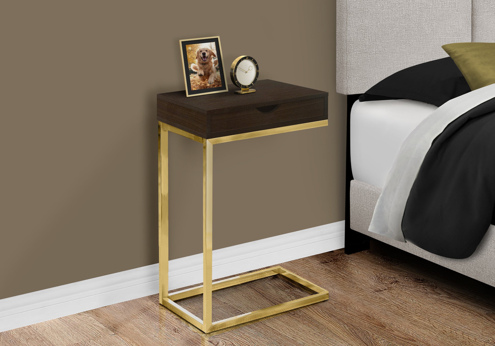 Accent Table, C Shaped, End, Side, Snack, Storage Drawer, Living Room, Bedroom, Brown Laminate, Gold Metal, Contemporary, Modern Espresso Particle Board