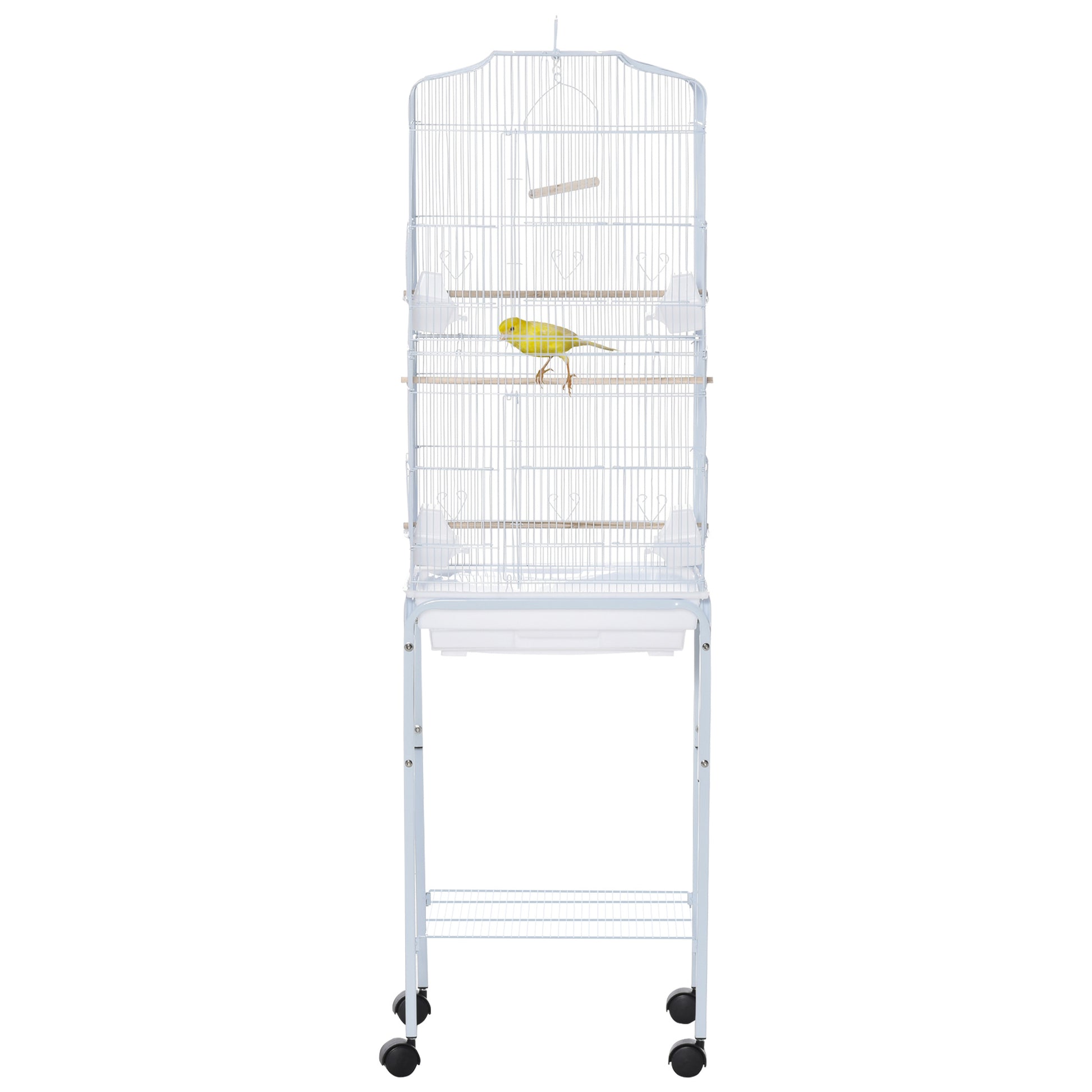 Pawhut 60" Metal Indoor Bird Cage Starter Kit With Detachable Rolling Stand, Storage Basket, And Accessories, White White Steel