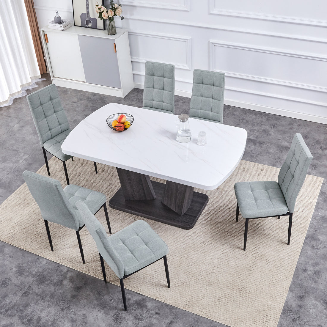 Modern Dining Table Set For 6, 7 Piece Dining Set, 63" Rectangle Kitchen Table With 6 Upholstered Chairs, 1.8" Thickness Tabletop And V Shaped Table Legs, White Faux Marble Dining Set For Kitchen Room Metal White Gray Dining Room Modern Rectangular Mdf