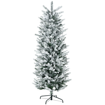 Homcom 6Ft Tall Flocked Artificial Christmas Tree Holiday D Cor With 477 Snow Branches, Auto Open, Steel Base, Green Green Plastic