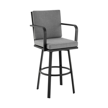 Faye 30 Inch Modern Patio Barstool, Black Aluminum Frame, Gray Cushions Grey Black Aluminum