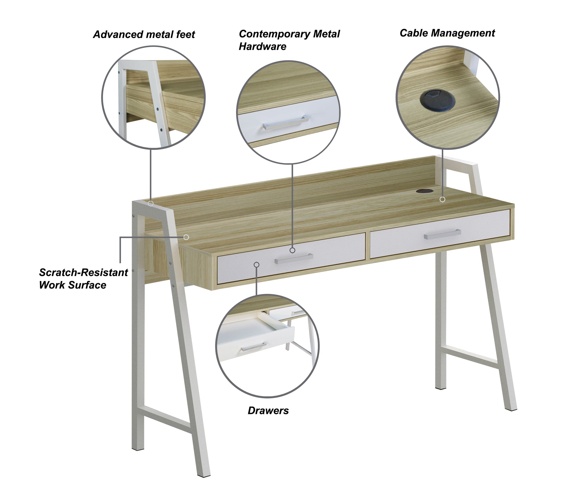 "47"" Writing Desk With 2Drawers""Sleek Two Tone Writing Desk Nature And White Finish, Ideal For Home Office And Study Spaces, With Cable Management System And Sturdy Metal Frame" Multicolor Solid Wood