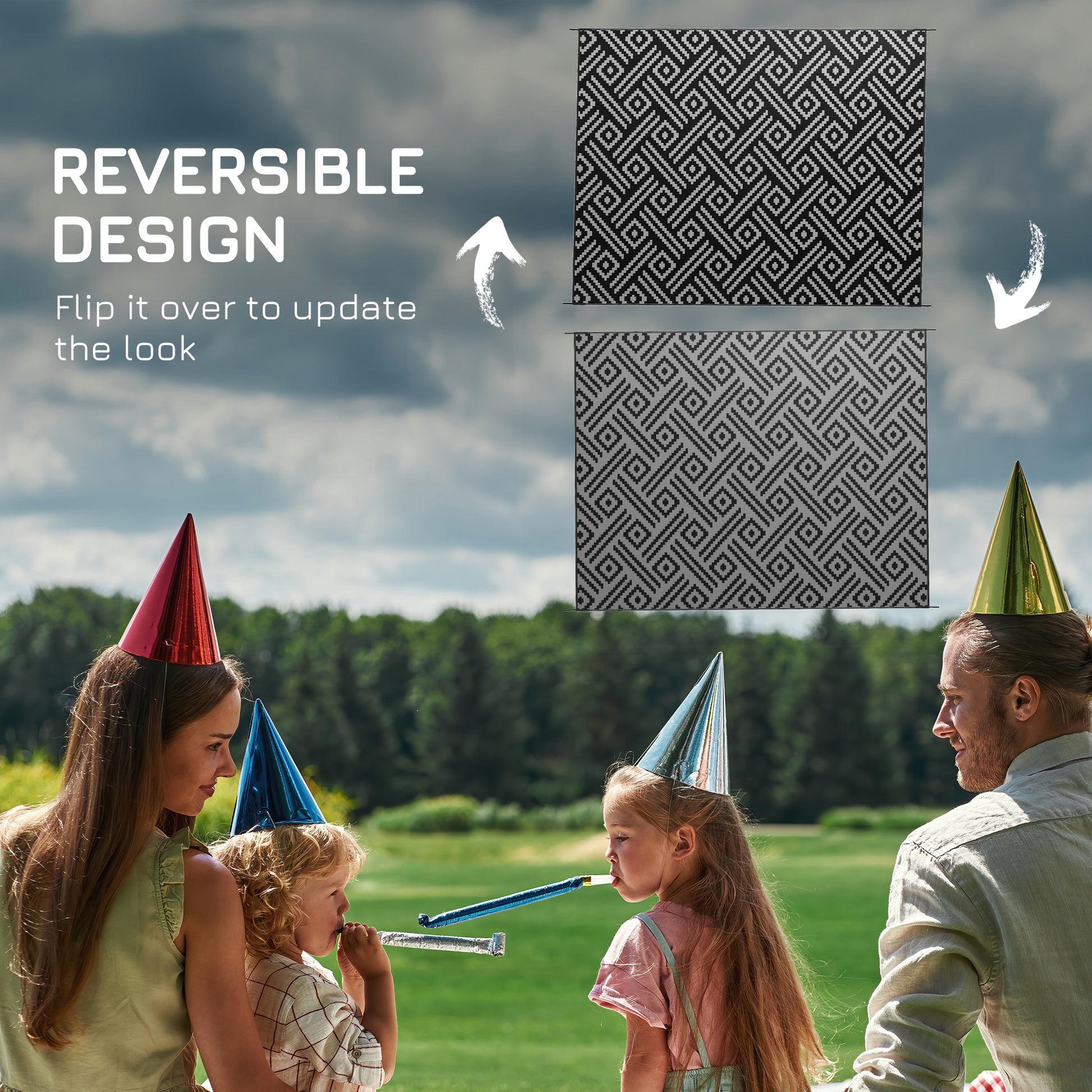 Outsunny Reversible Outdoor Rug, 9' X 12' Waterproof Plastic Straw Floor Mat, Portable Rv Camping Carpet With Carry Bag, Large Floor Mat For Backyard, Deck, Picnic, Beach, Black & Gray Geometric Multicolor Polypropylene