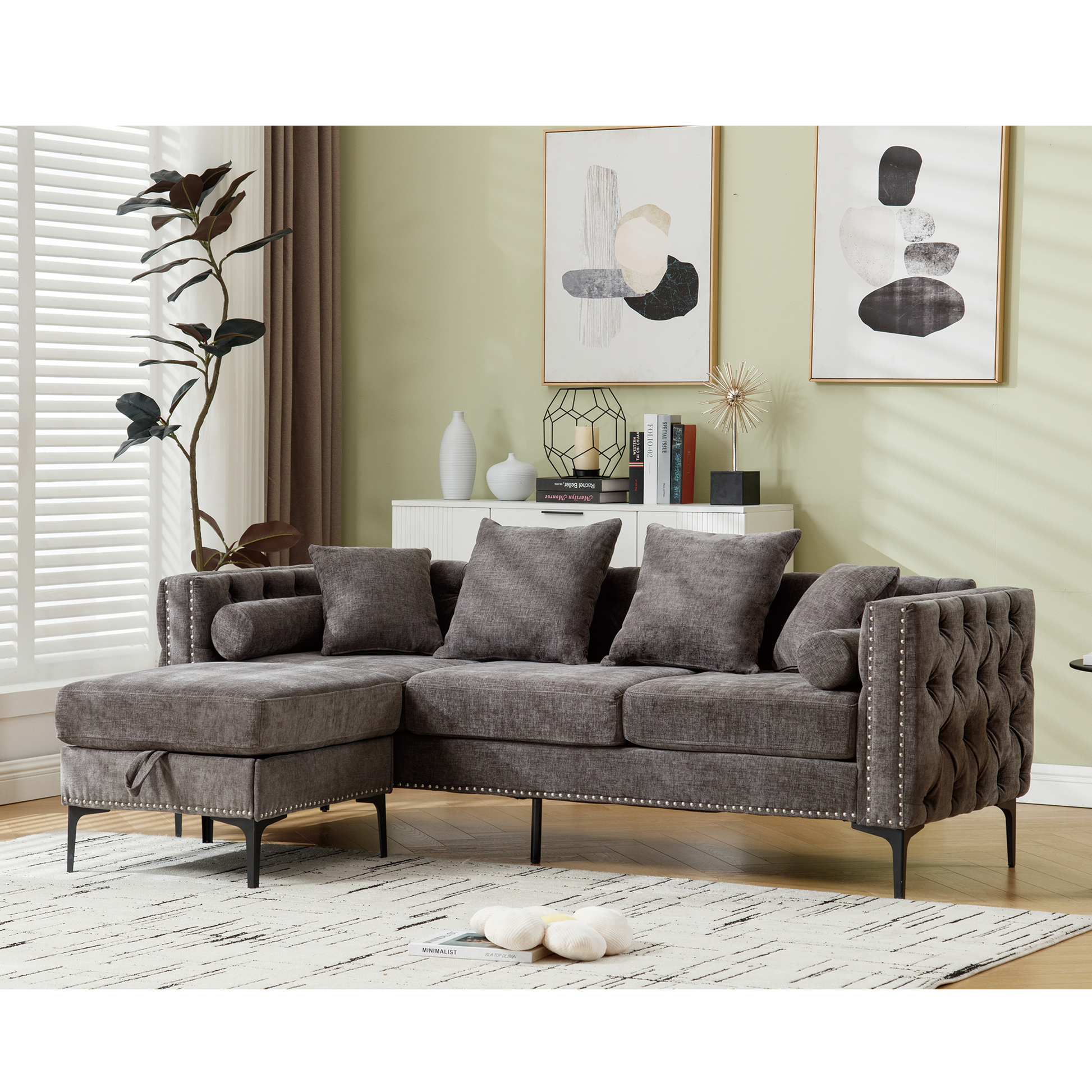 Arrived L Shaped Sectional Sofaconvertible Storage Ottoman,Chenille ,Square Arm, Modern Tufted Couch ,3 Seater, And Nailhead, Dark Gray Dark Gray Polyester Wood Primary Living Space Medium Soft Tufted Back Modern Square Arms Metal & Wood 4 Seat
