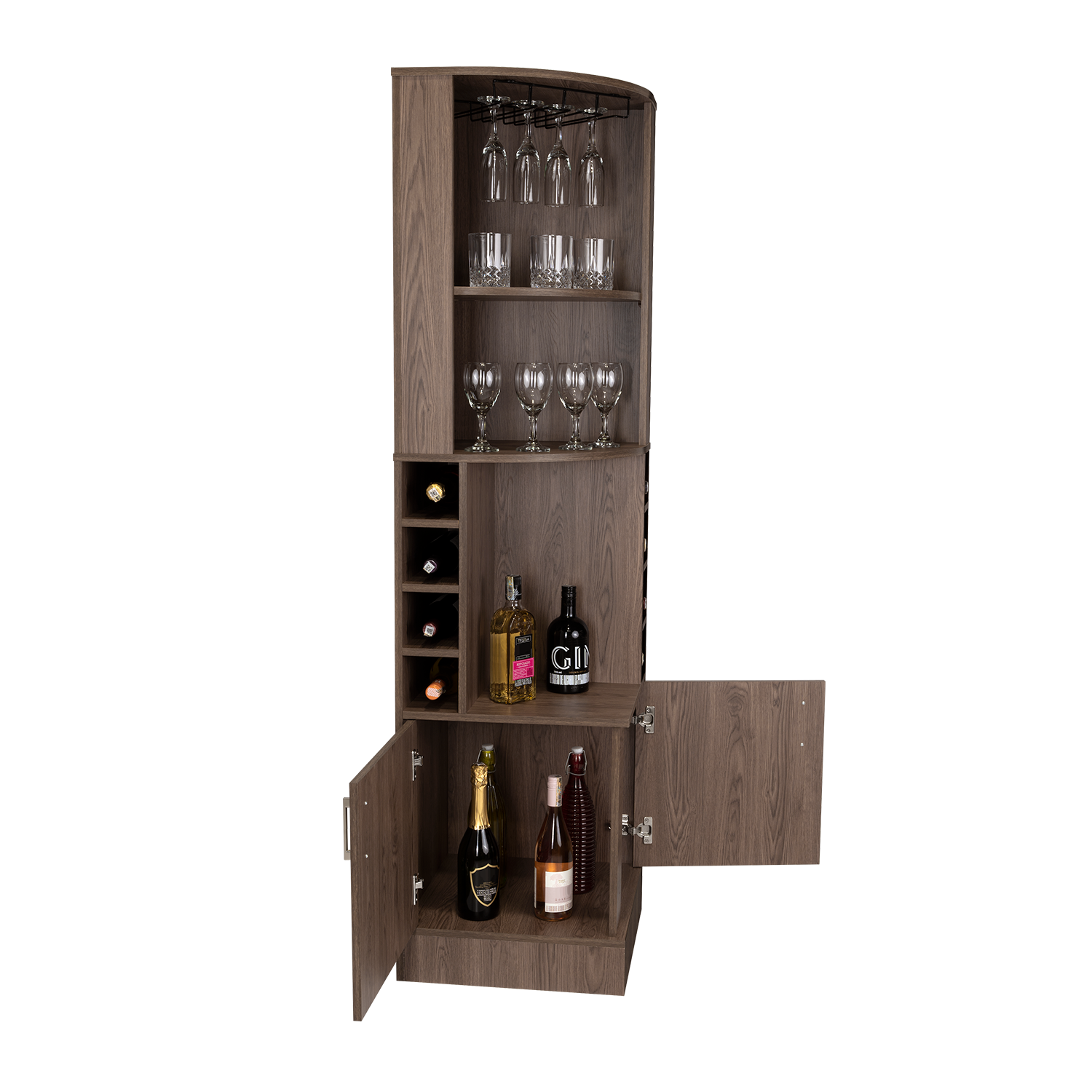 Syrah Corner Bar Cabinet, Two External Shelves Brown Primary Living Space Modern Shelves Included Particle Board