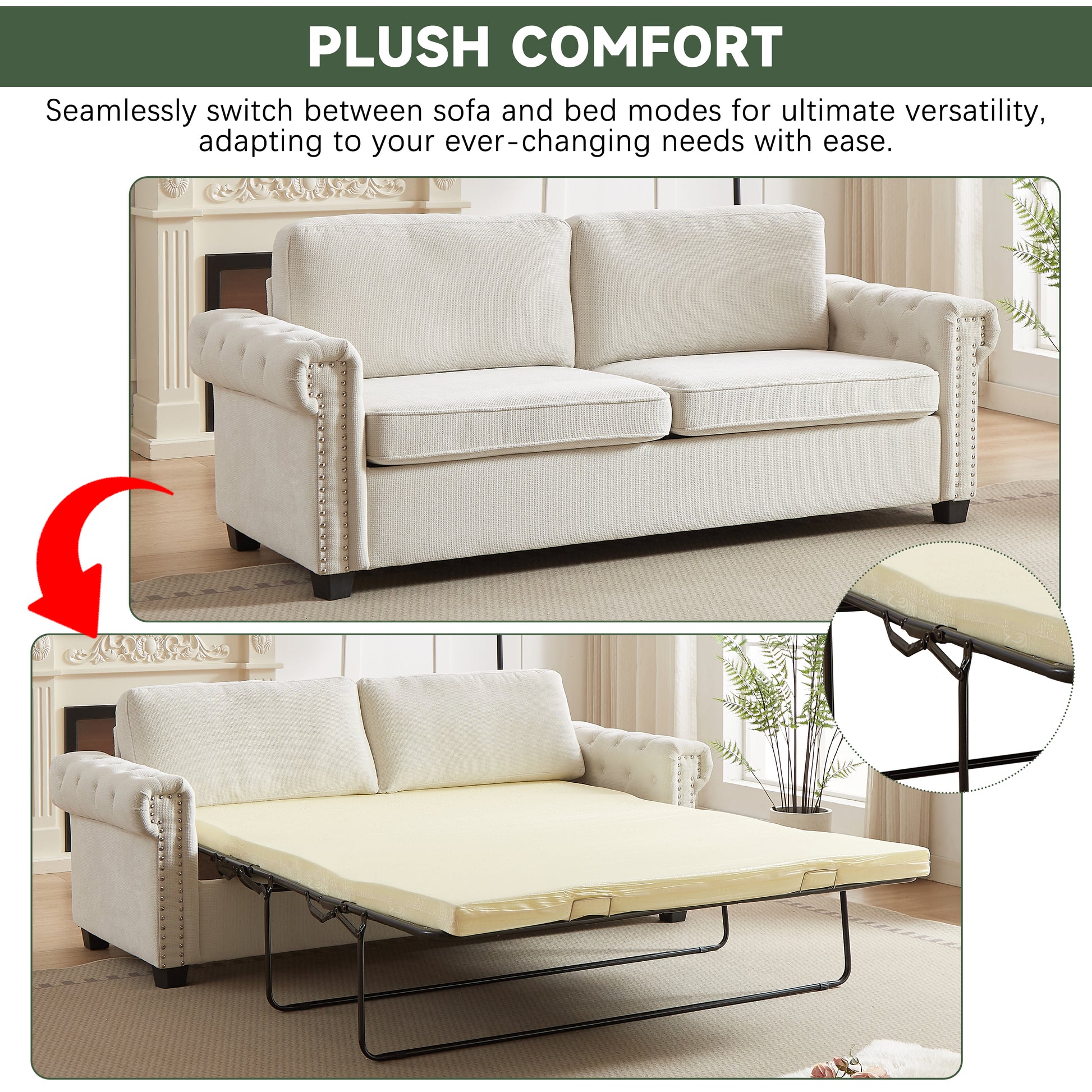 Fx 83.8" Convertible Sleeper Sofa Bed, 2 In 1 Pullout Sofa Bed, Polyester Sleeper Sofa Bed With Folding Mattress, Living Room Pullout Sofa Bed, Apartment Small Space Sofa Sleeper Beige Polyester Pine Foam Fabric 3 Seat