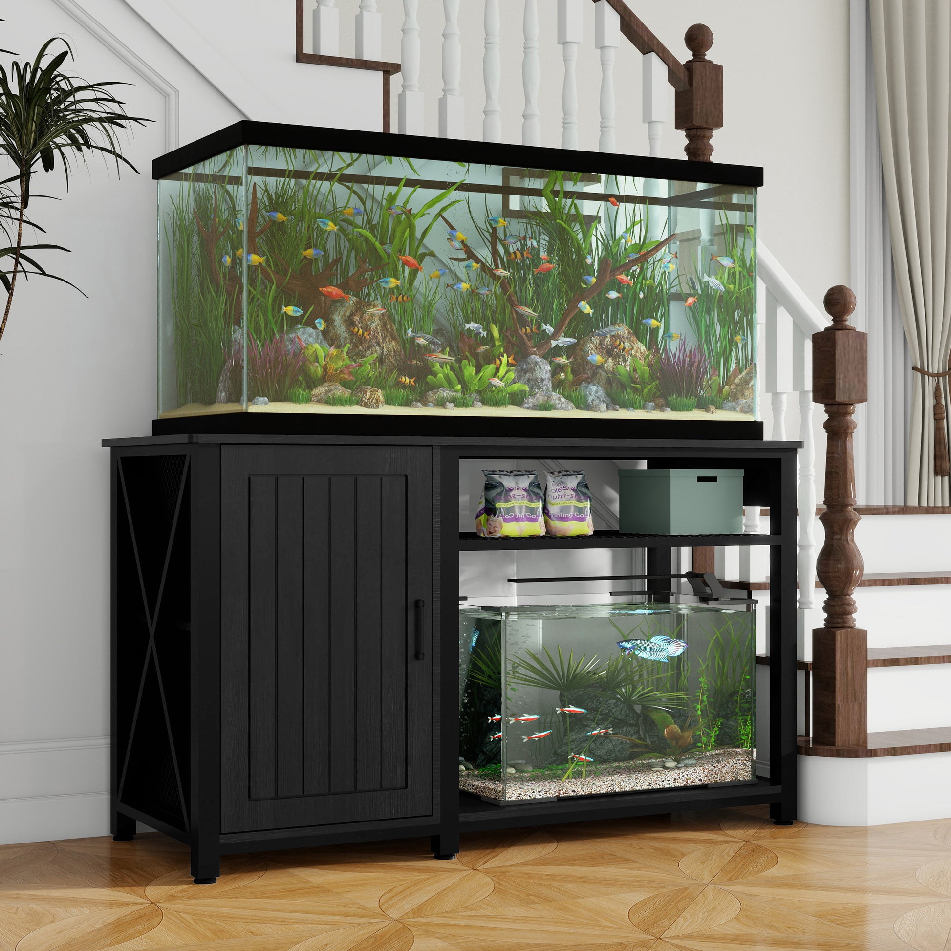 fish tank with all accessories Heavy Duty 55 75 Gallon Aquarium Stand With Power Outlets, Cabinet For