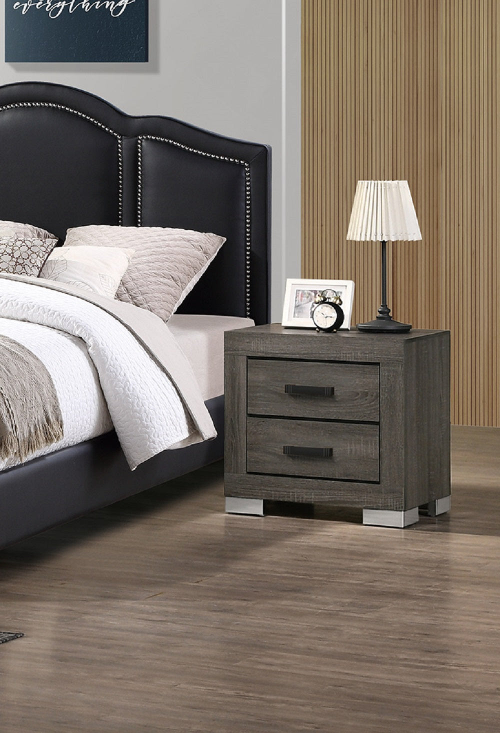 2 Drawers Wood Nightstand With Black Handles In Grey Grey 2 Drawers Rectangle Easy Assembly Solid Wood