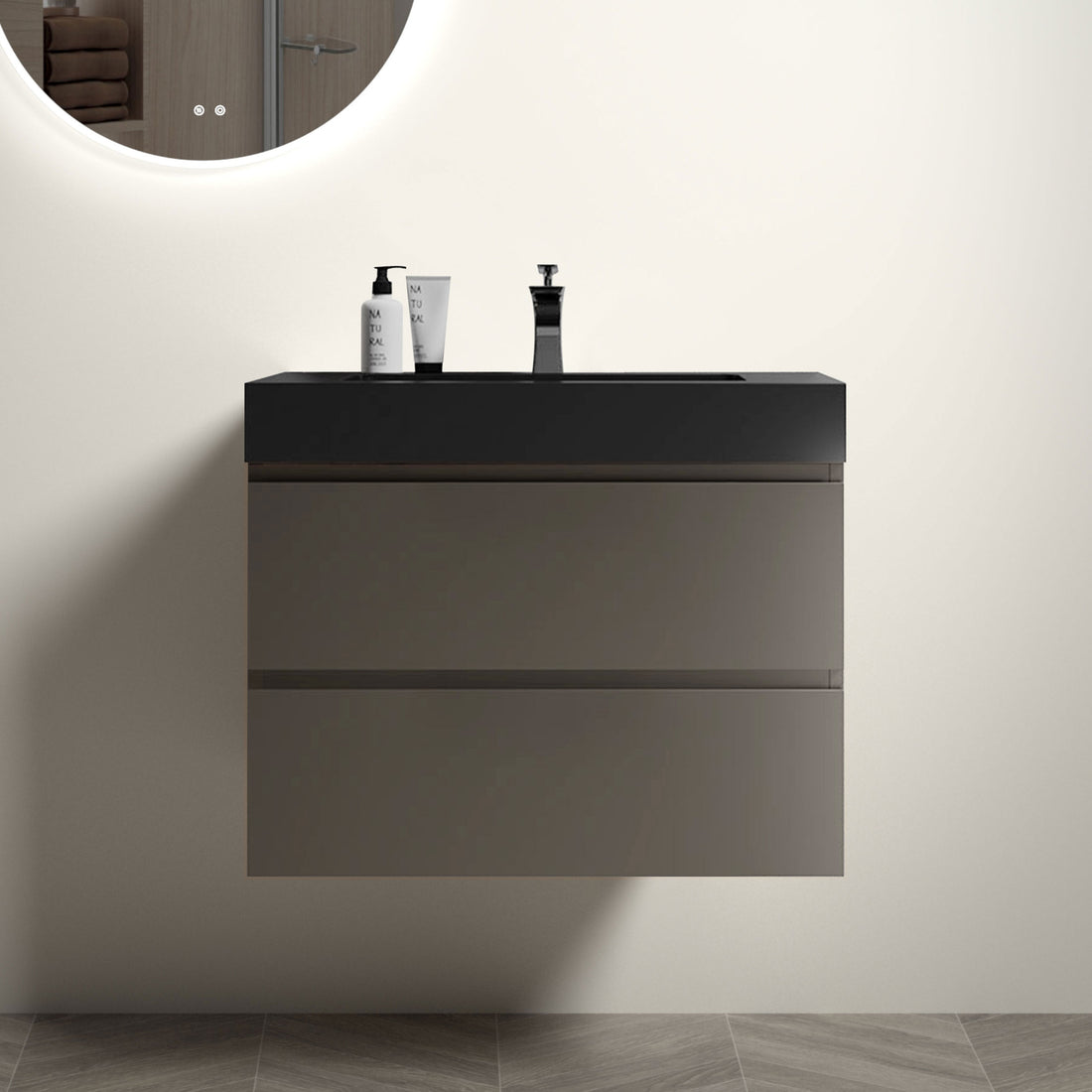 Alice 30" Gray Bathroom Vanity With Sink, Large Storage Wall Mounted Floating Bathroom Vanity For Modern Bathroom, One Piece Black Sink Basin Without Drain And Faucet, Pre Assembled Black Gray Melamine