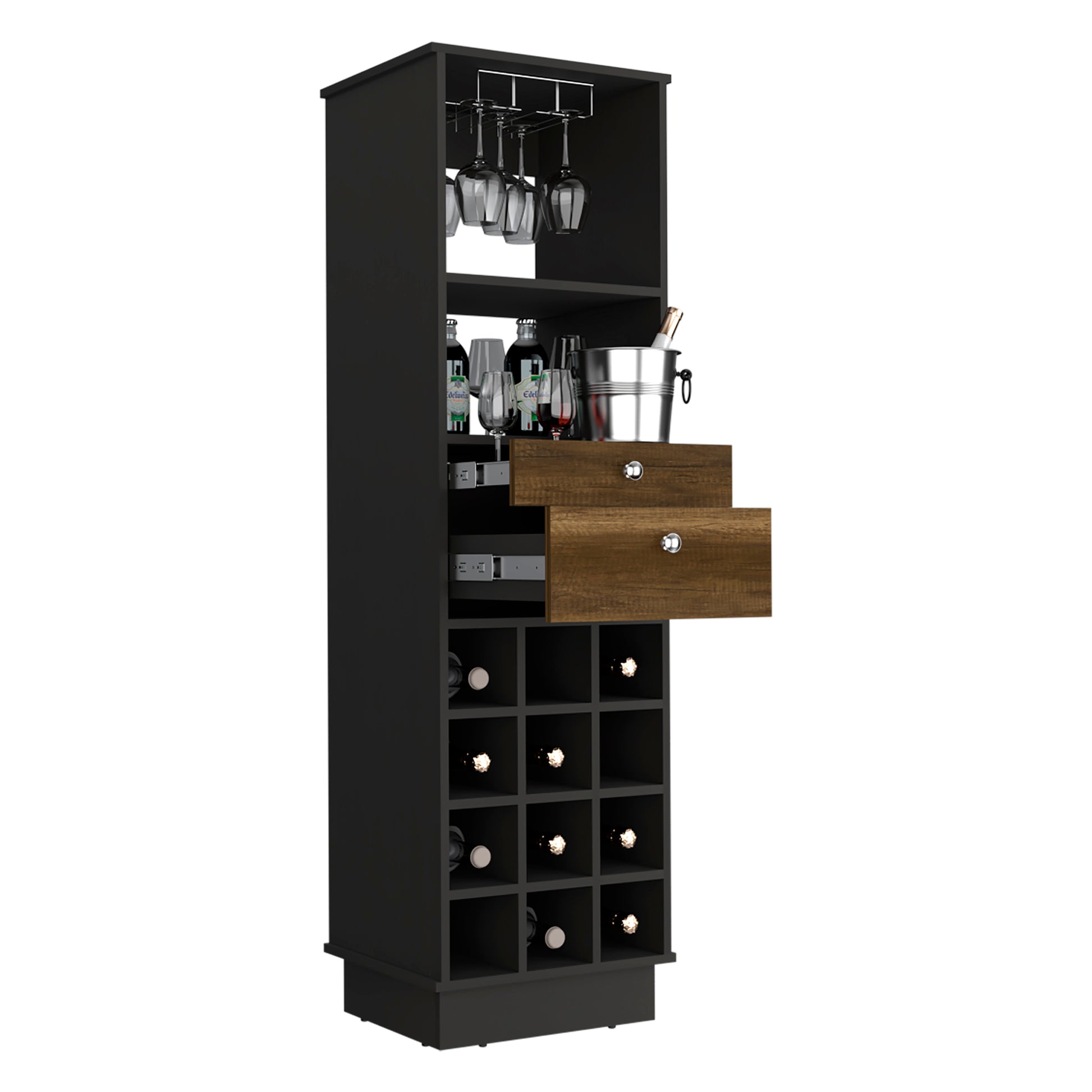 Classic Bar Cabinet, Two Drawers, Twelve Built In Wine Rack Black Walnut Multicolor Particle Board Particle Board