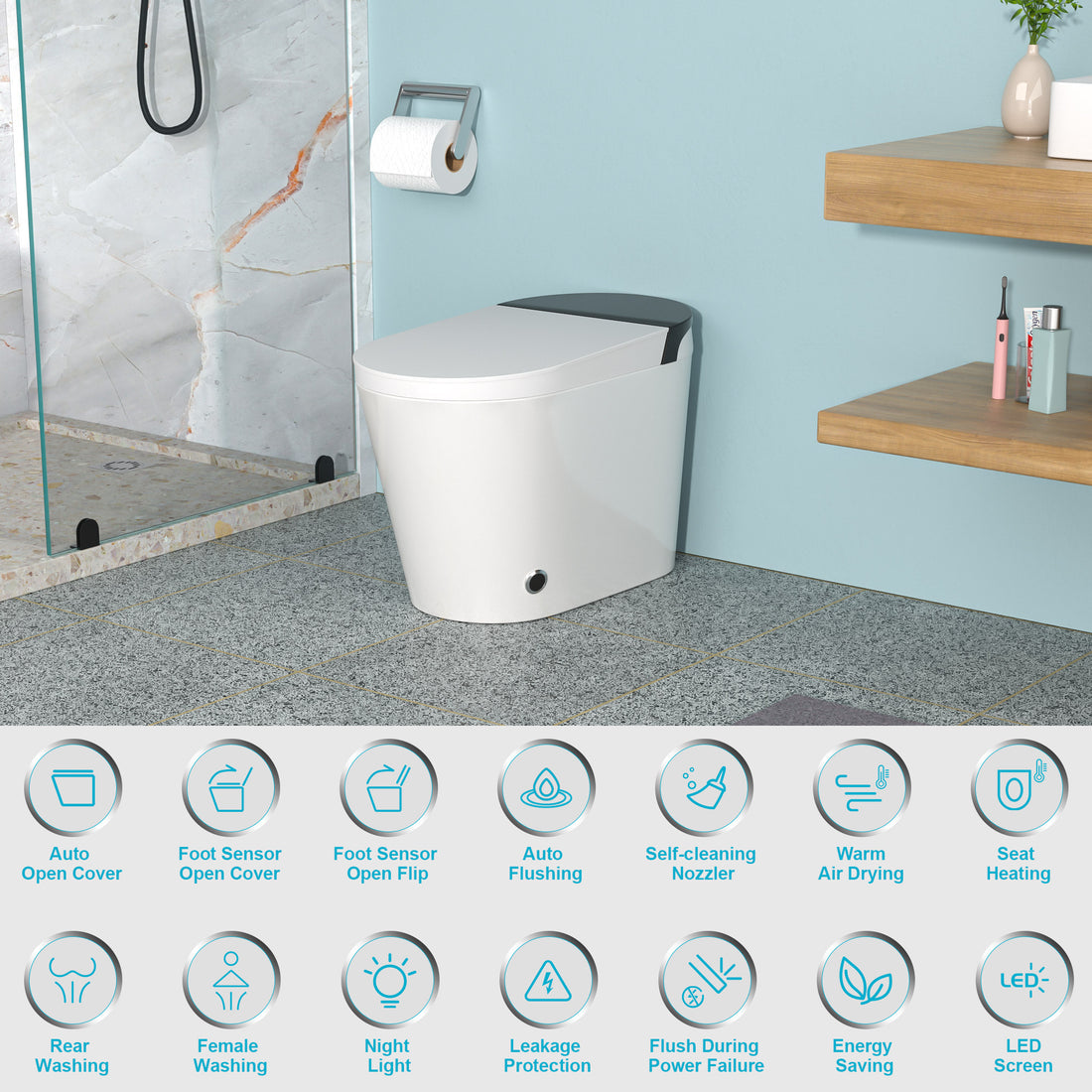 Smart Toilet With Bidet Built In, Auto Open & Close, Elongated Heated Seat, Foot Sensor Flush, Led Display, Warm Water Wash, Dryer, Night Light White Ceramic