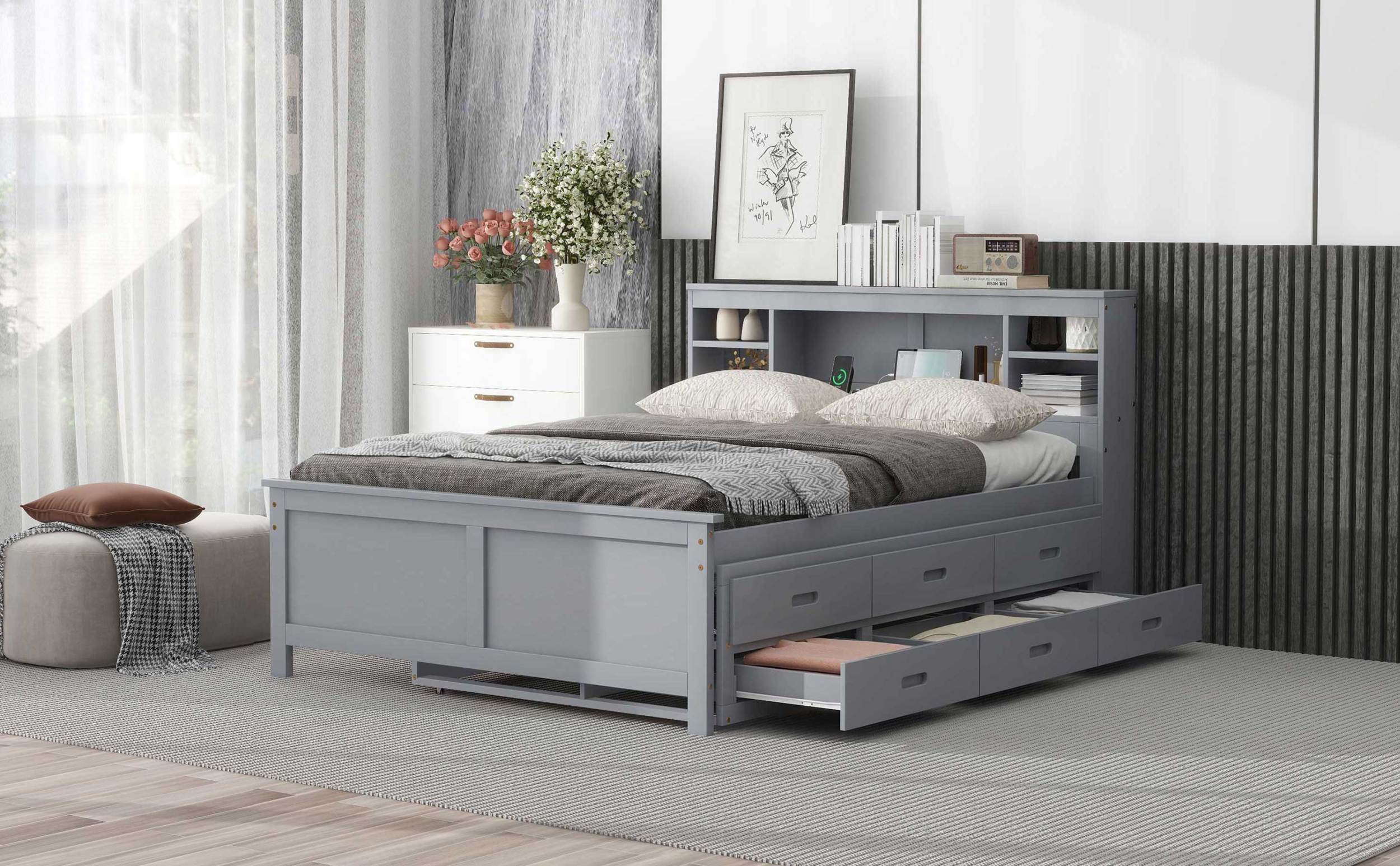 BADEL フード付きset upグレー Full Size Platform Bed With Storage Headboard, Usb, Twin Size Trundle