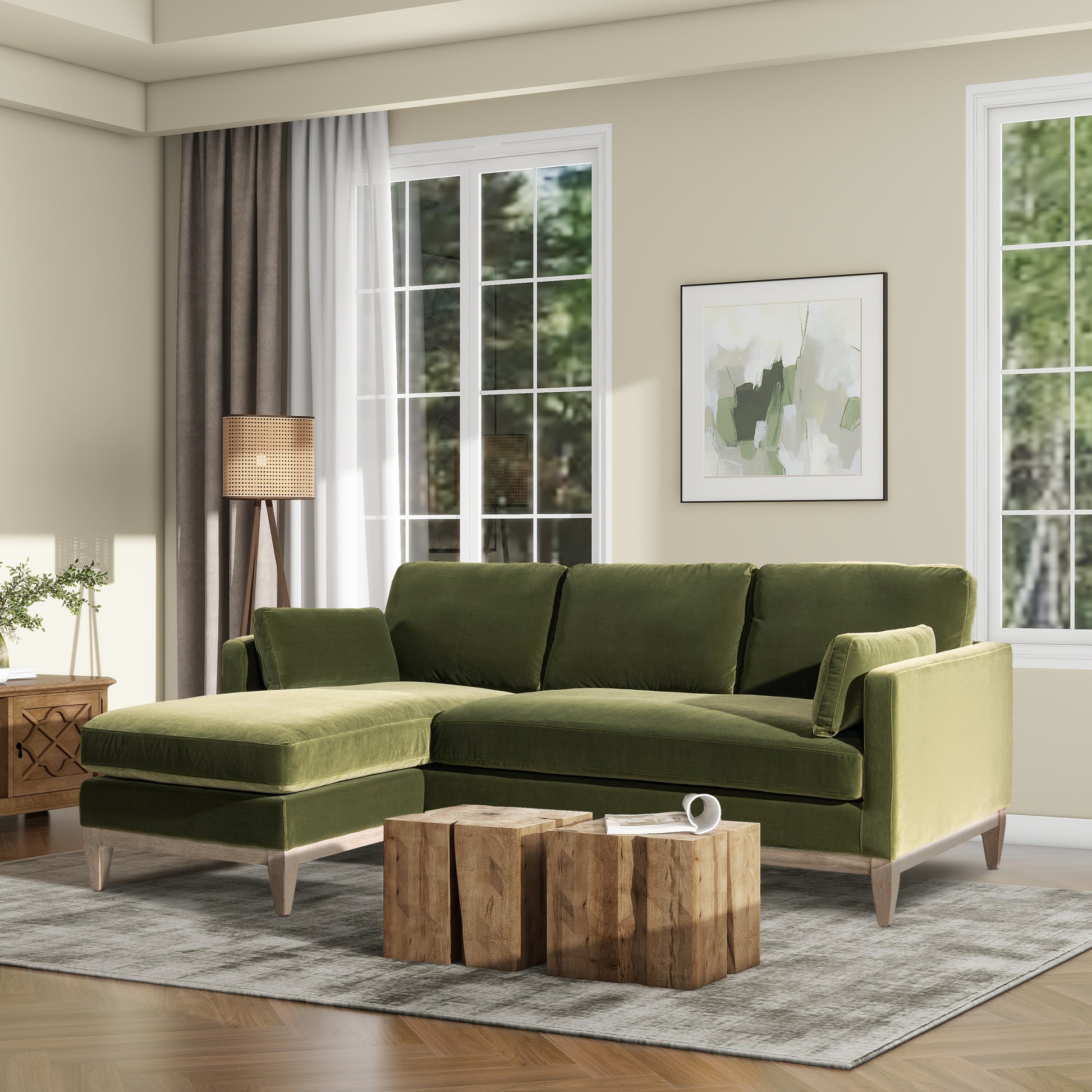 Knox 89" Modern Farmhouse Reversible Chaise Sectional Sofa, French Beige Performance Velvet Green Foam Velvet 4 Seat