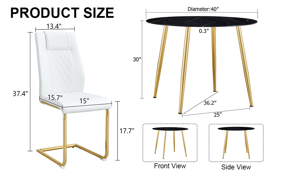 1 Table And 4 Chairs, A Modern Minimalist Circular Dining Table With A 40 Inch Black Imitation Marble Tabletop And Gold Plated Metal Legs, And 4 Modern Gold Plated Metal Leg Chairs. Black Gold Seats 4 Glass