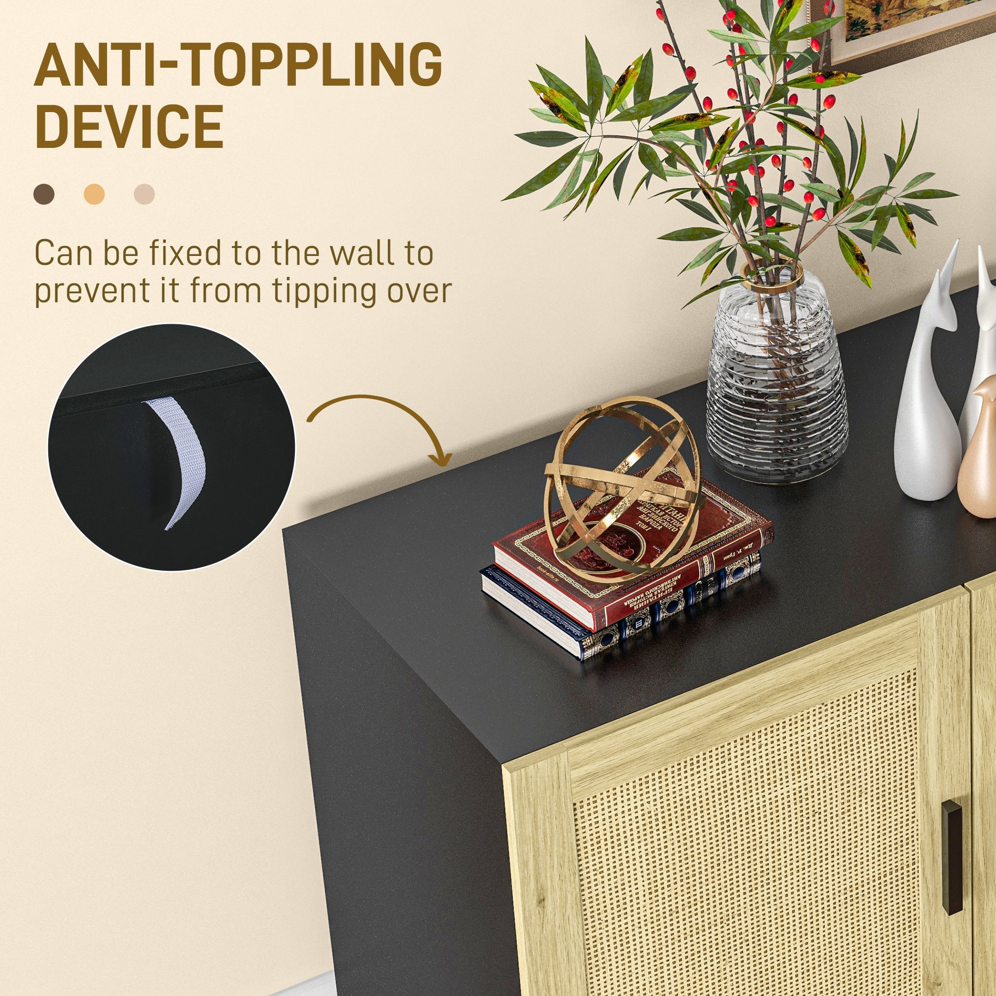 Homcom Sideboard Buffet Cabinet, Kitchen Cabinet, Coffee Bar Cabinet With 3 Rattan Doors And Adjustable Shelves, Black And Natural Black Natural Particle Board