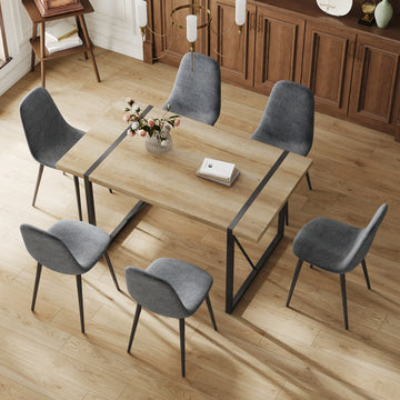 Table And Chair Set, Upholstered Side Chairs In A Modern Medieval Style, Dark Grey Dining Chairs And A Rustic Industrial Rectangular Wood Color Mdf Dining Table. Gray Seats 6 Mdf