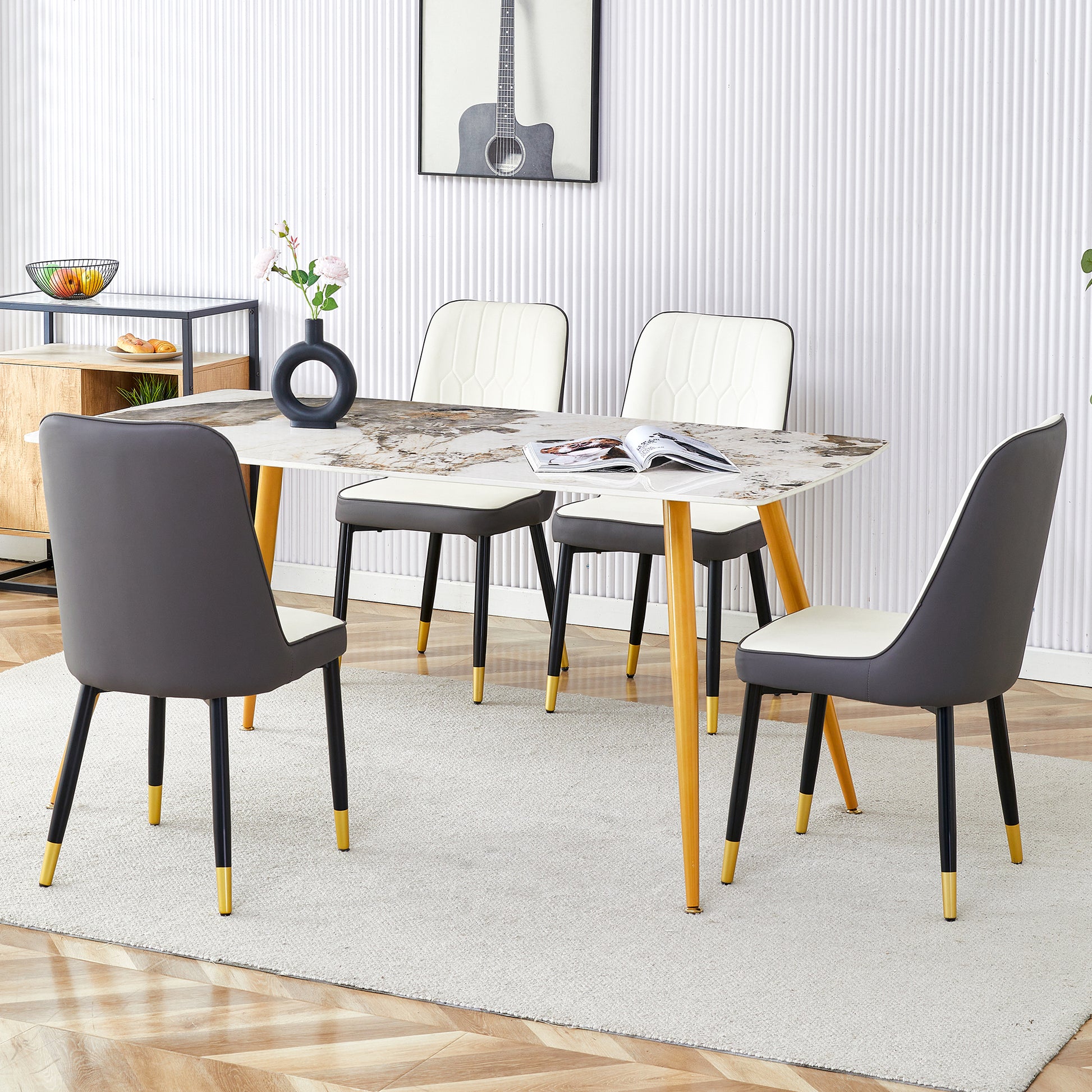 Table And Chair Set.Modern Minimalist Dining Table. White Imitation Marble Pattern Sintered Stone Desktop With Golden Metal Legs.Paried With 4 Comfortable Chairs With Pu Seats And Black Metal Legs.