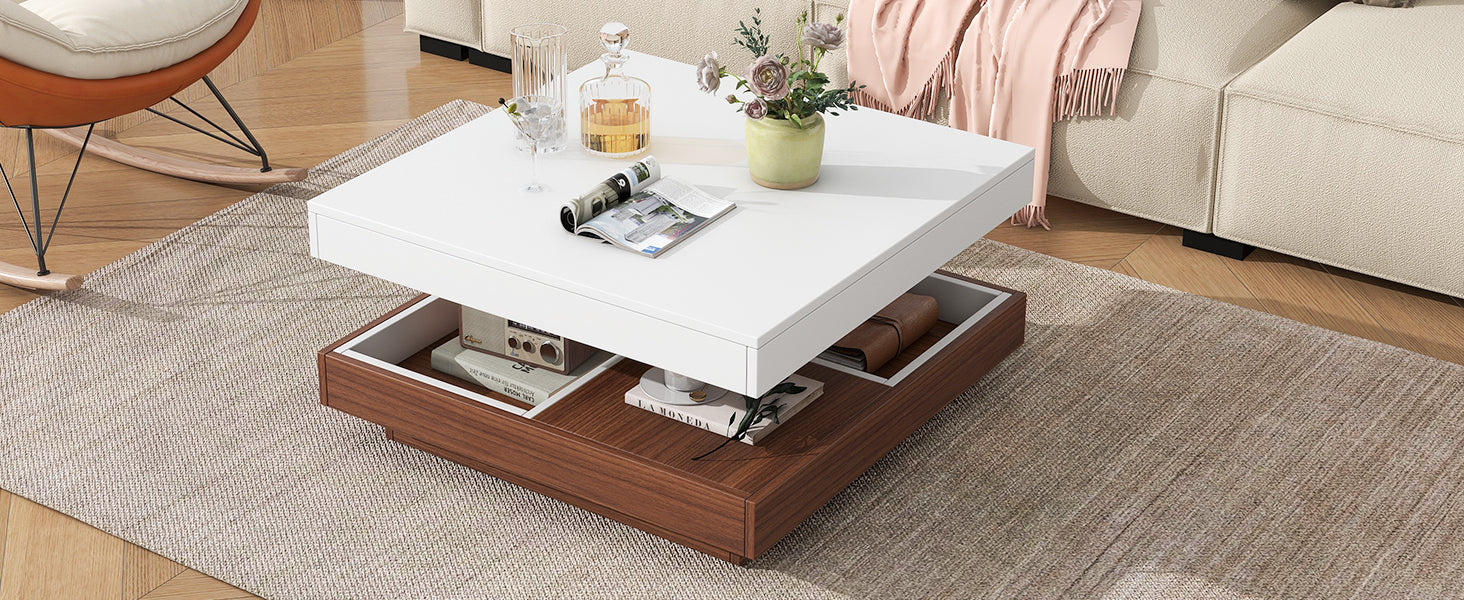 Modern Square 360 Rotating Coffee Table With Three Detachable Tray, 2 Tier Farmhouse Wood Center Table With Storage For Living Room, White, 27.5*27.5In White Walnut Primary Living Space Mdf