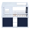 Twin Size Bunk Wood House Bed With Tent, Blue White Twin Blue Solid Wood Mdf